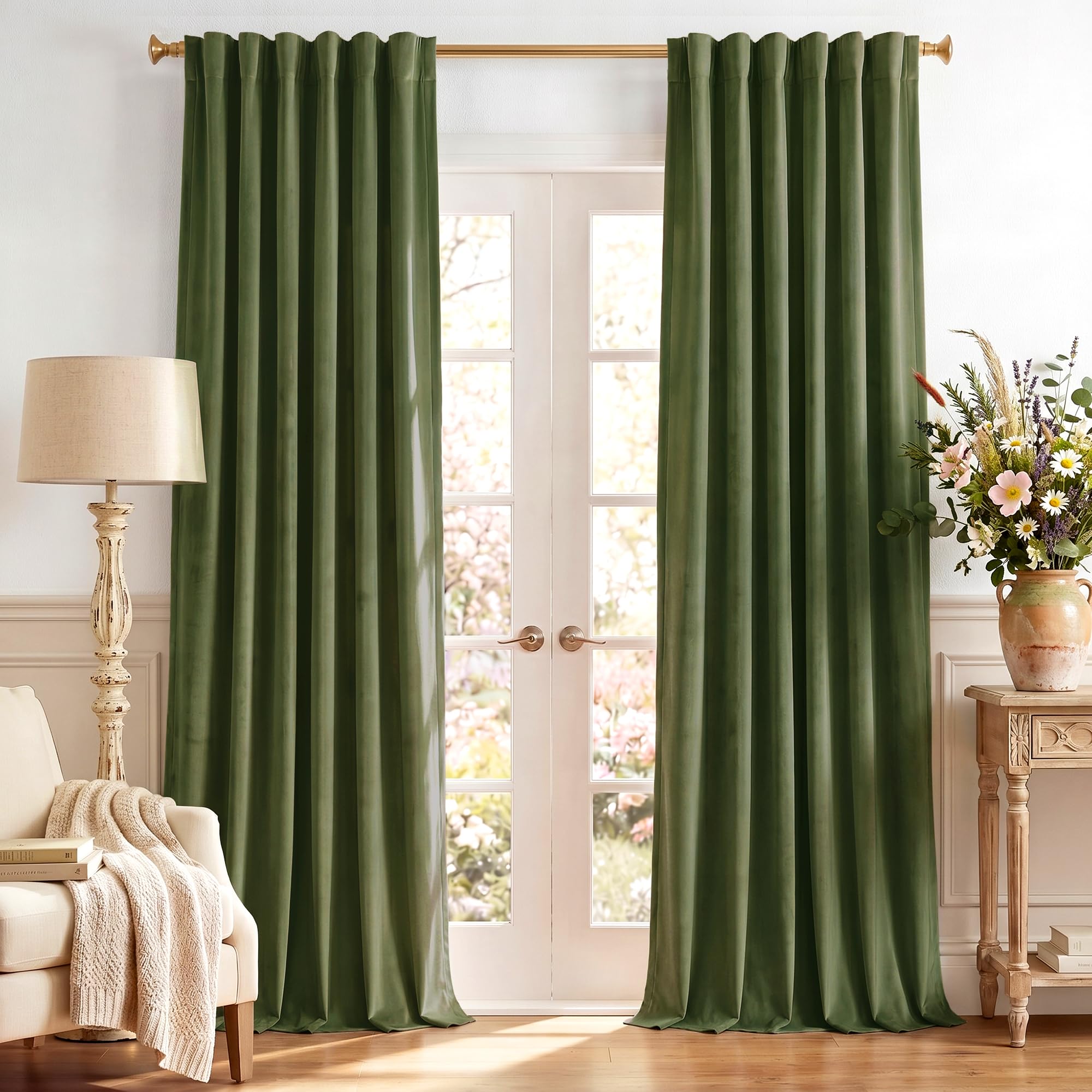 StangH Moss Green Christmas Curtains 94 inches Long Back Tab Soft Velvet Thermal Insulated Room Darkening Window Drapes Home Decor for Bedroom Living Room, W52 x L94, 2 Panels — image 1