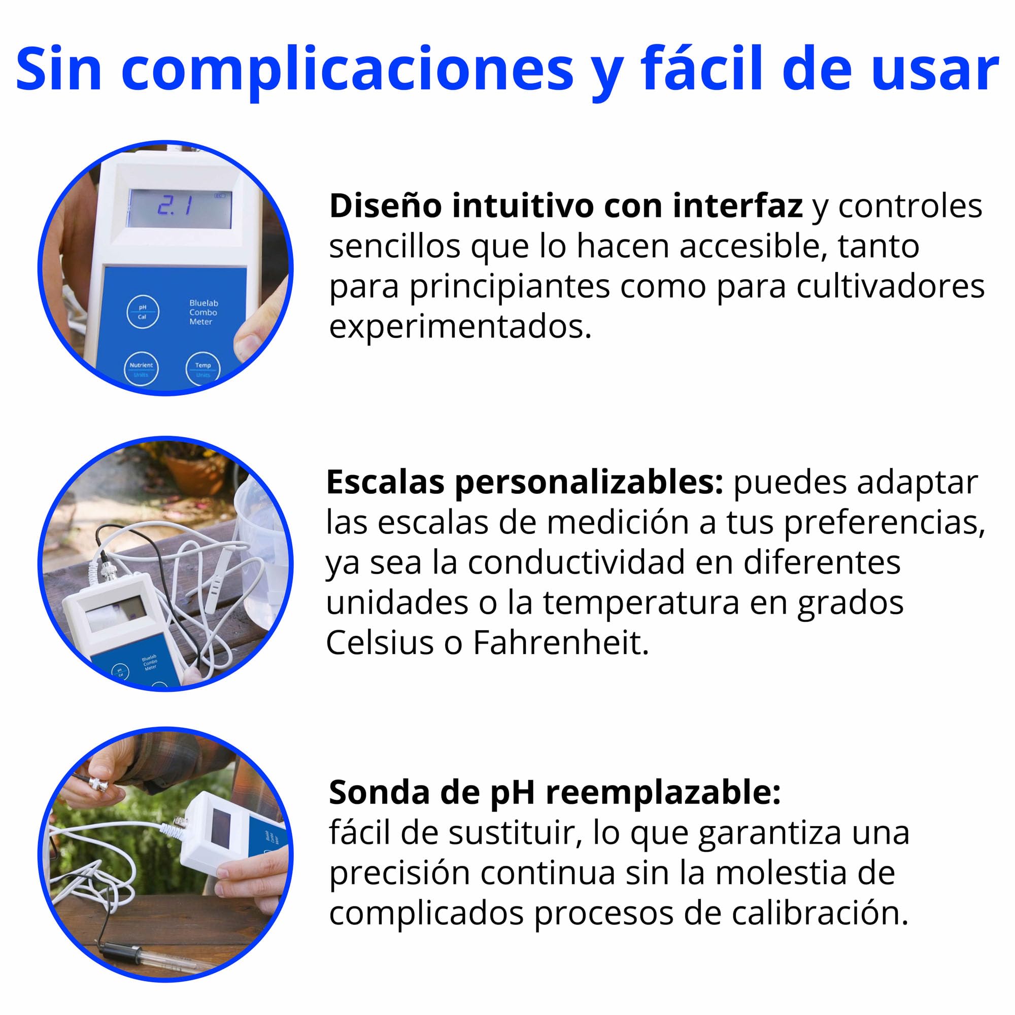 Medidor combinado METCOM de Bluelab - Medidor combinado de pH, temperatura y conductividad (CE) con sondas, de fácil calibración