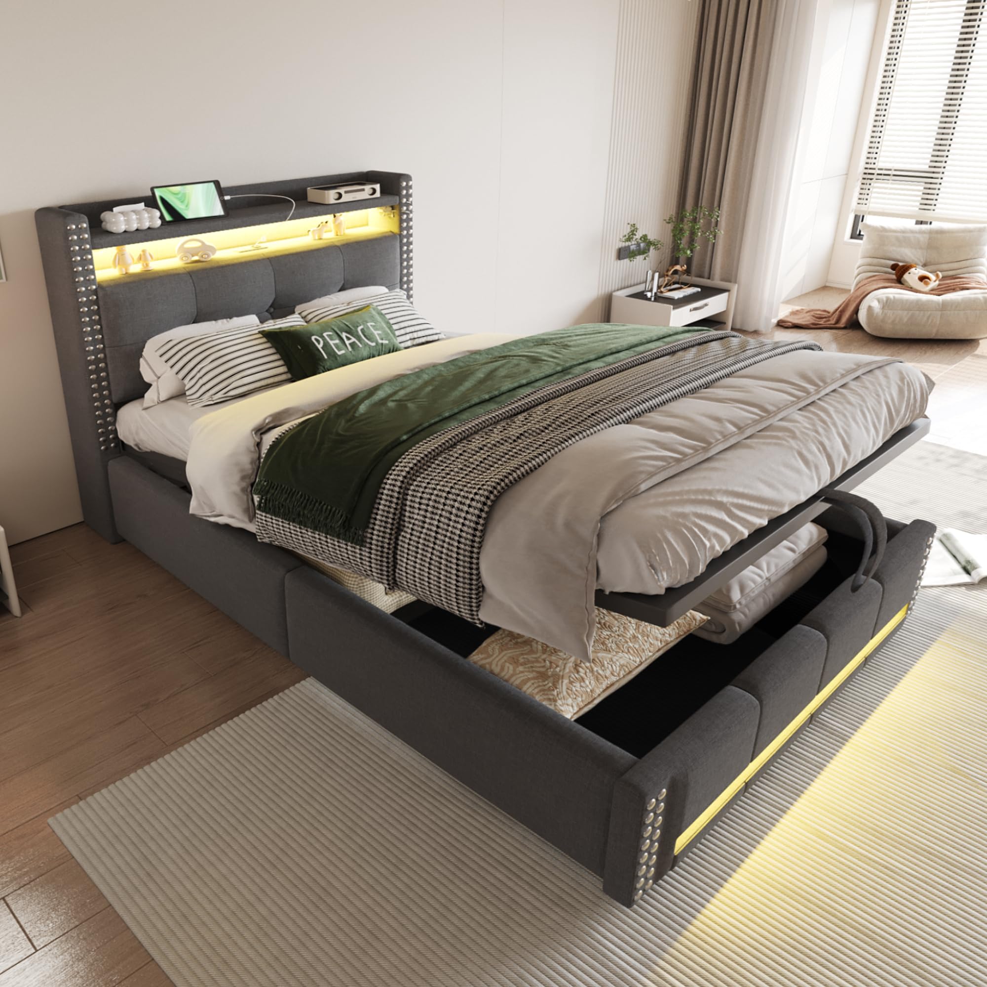 Rtopsu Kinderbett Polsterbett 90x200 cm, Jugendbett mit LED Beleuchtung und USB C, Einzelbett Stauraumbett mit Hydraulisch Stauraum, Bett Bettgestell mit Lattenrost aus Holz, Grau, Ohne Matratze