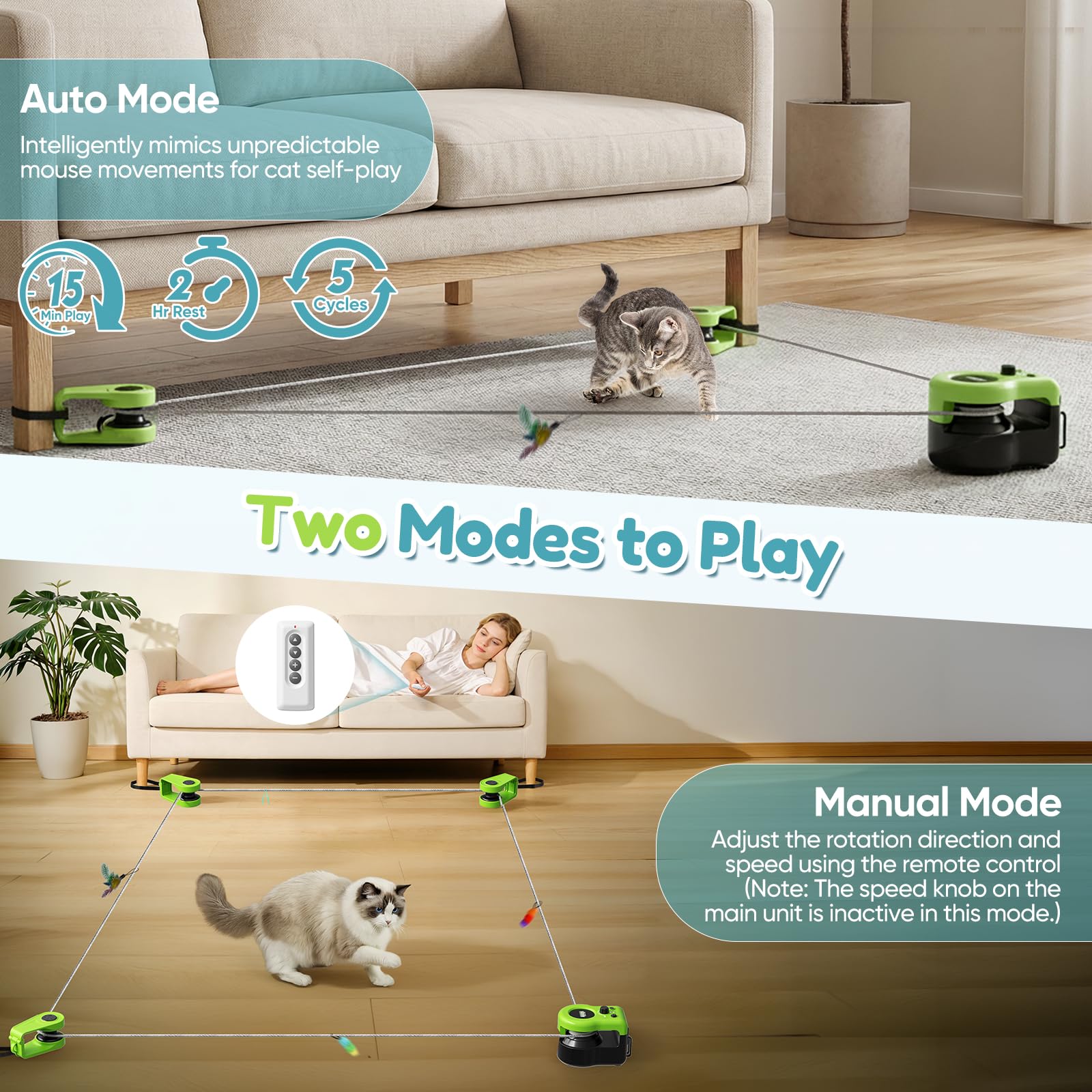 Juguete Interactivo para Gatos para Interior, Cinta de Correr para Gatos, Juguete Simulado Automático/Control Remoto de Caza de Gatos, Juguete Energizante para Mascotas (Verde)