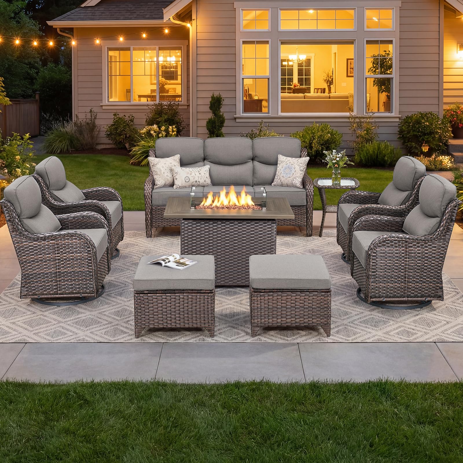 Luxury Patio Furniture Set with 6-inch Thick Cushion, Outdoor Furniture with Fire Pit Table, Swivel Chairs, Sofa, Side Table, Ottomans, 9pcs Wicker Conversation Set(Brown Wicker | Grey Cushion)