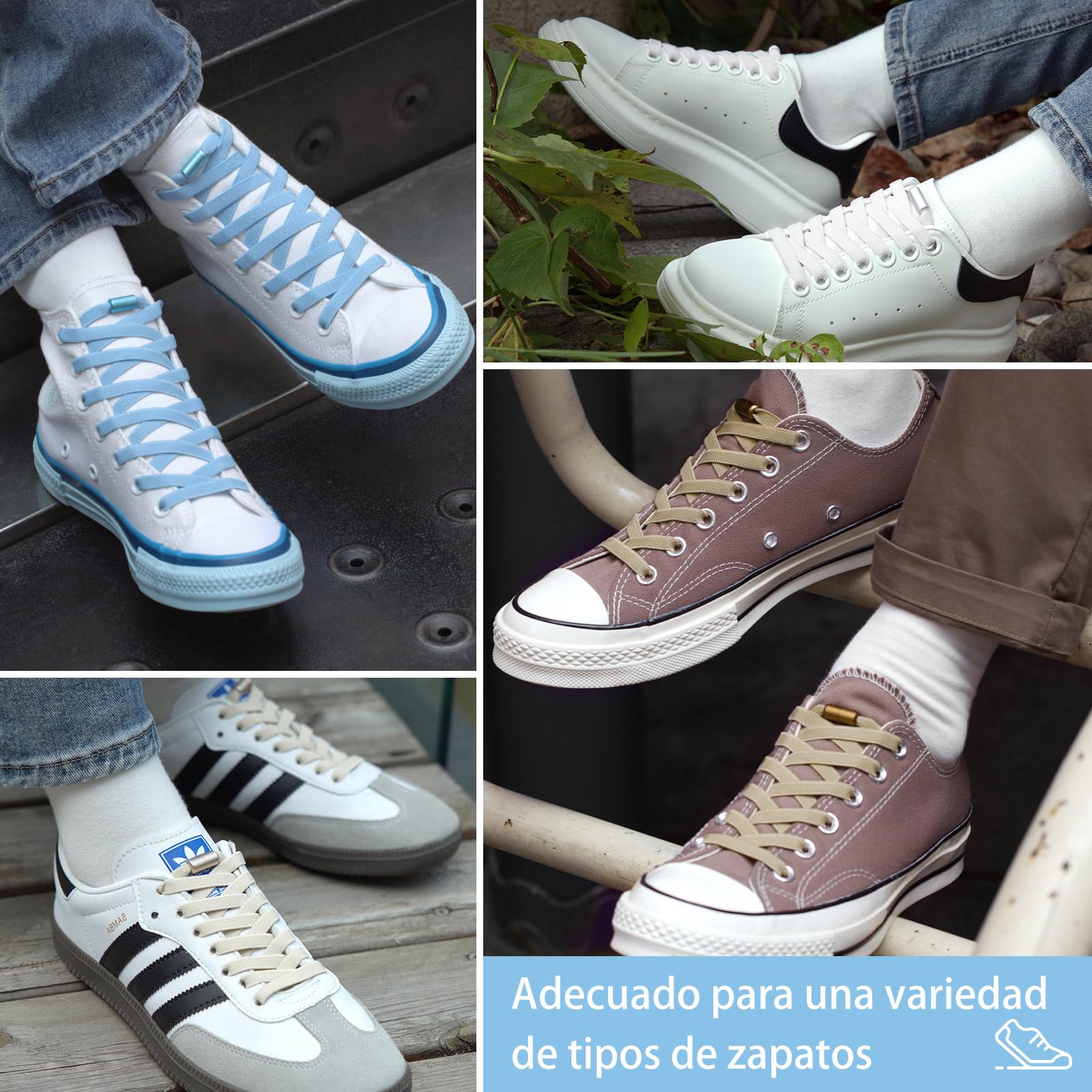 Cordones Elásticos sin Nudo con Hebilla Metal - 2 Pares Planos para Niños y Adultos