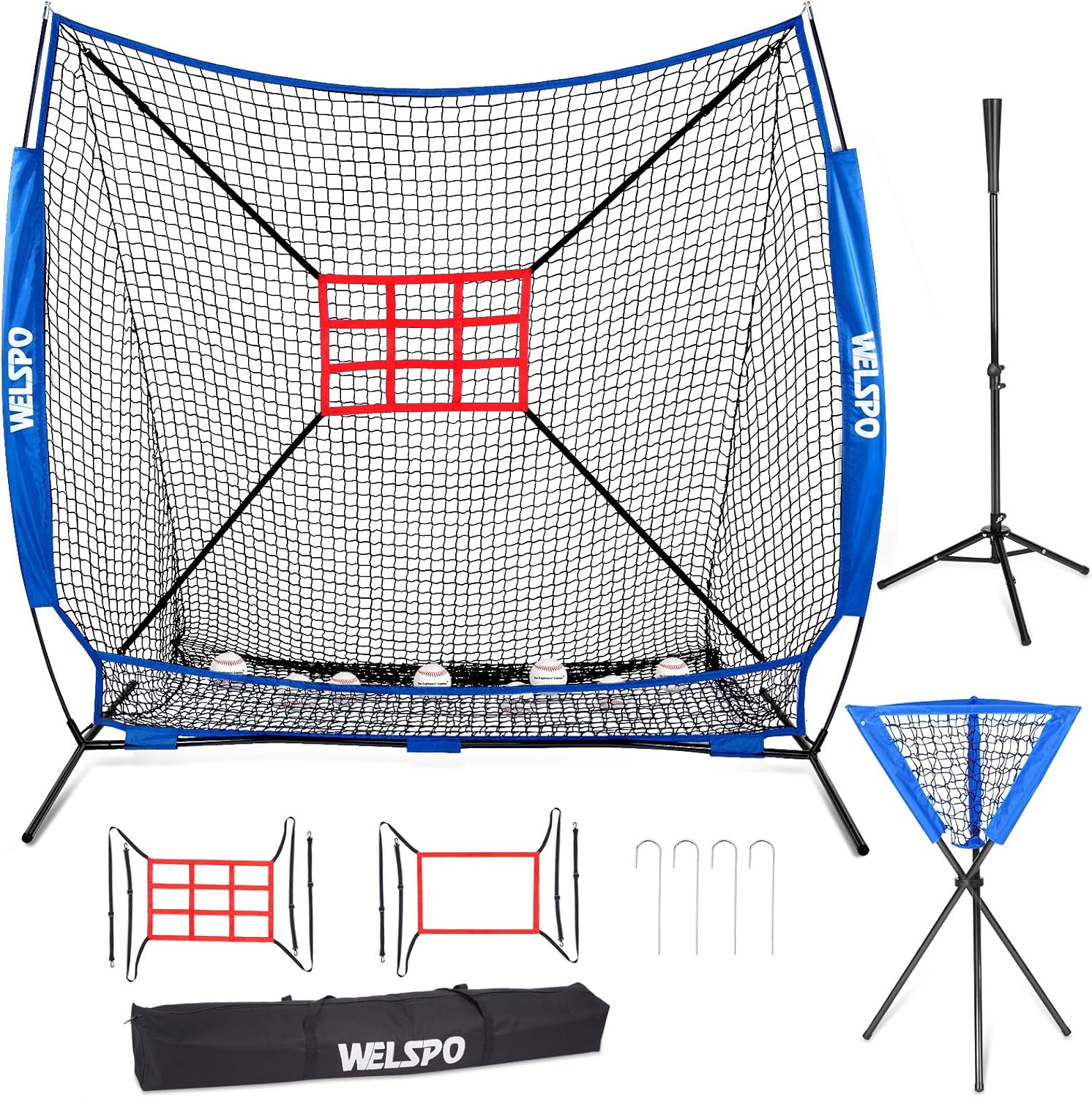 Welspo Baseball Net 7x7ft Softball Net Practice Net with Bow Frame for Hitting Pitching Batting Net with Strike Zone, Batting Tee and Ball Caddy, Baseball Training Equipment