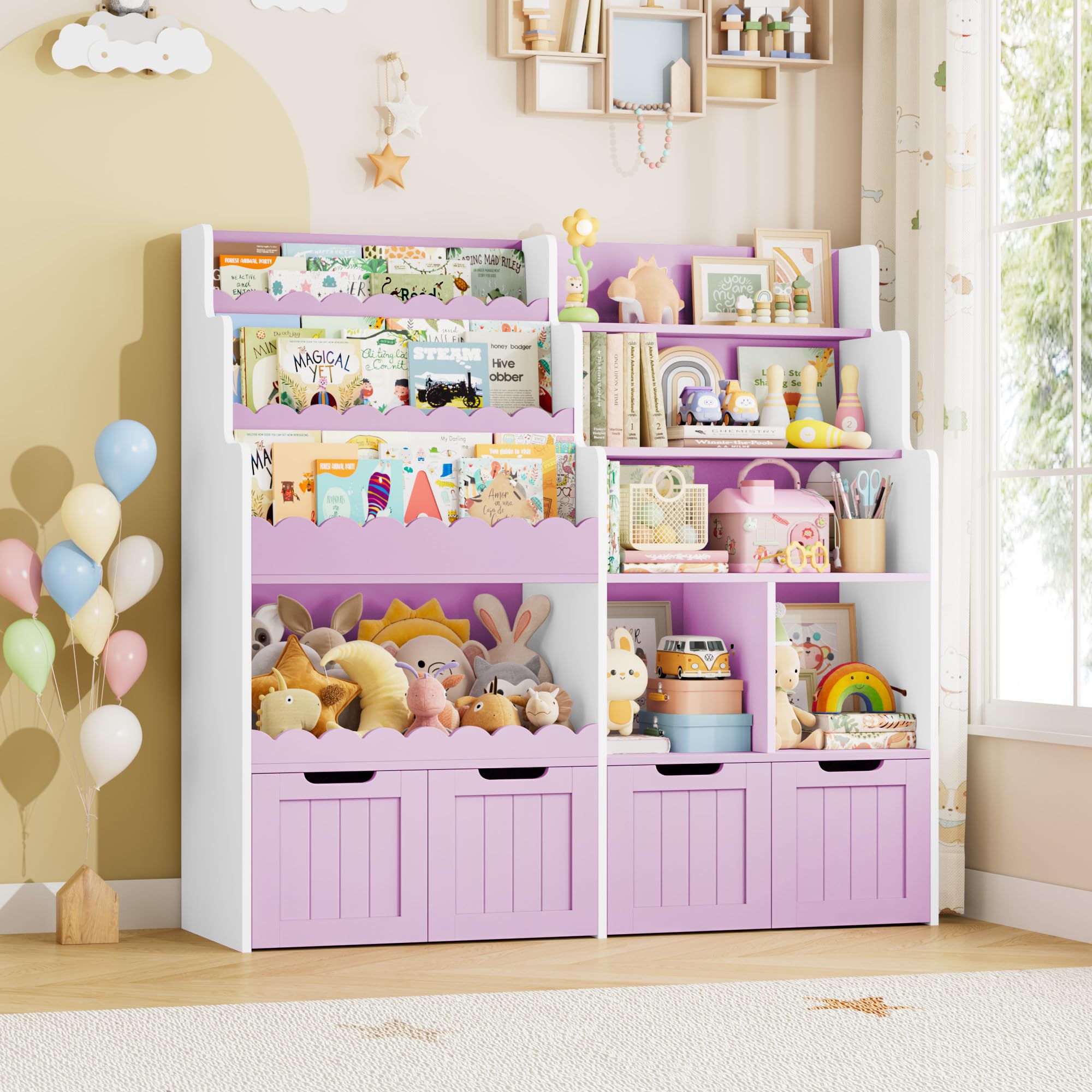 FOREHILL Libreria Montessoriana per Bambini, Porta Giochi Bambini a 4 Cassetti con Ruote Girevoli a 360°, Mobile Porta Giochi con Libreria a 3 Ripiani, 5 Scomparti Aperti, 125.5x40x120 cm (Lilla)