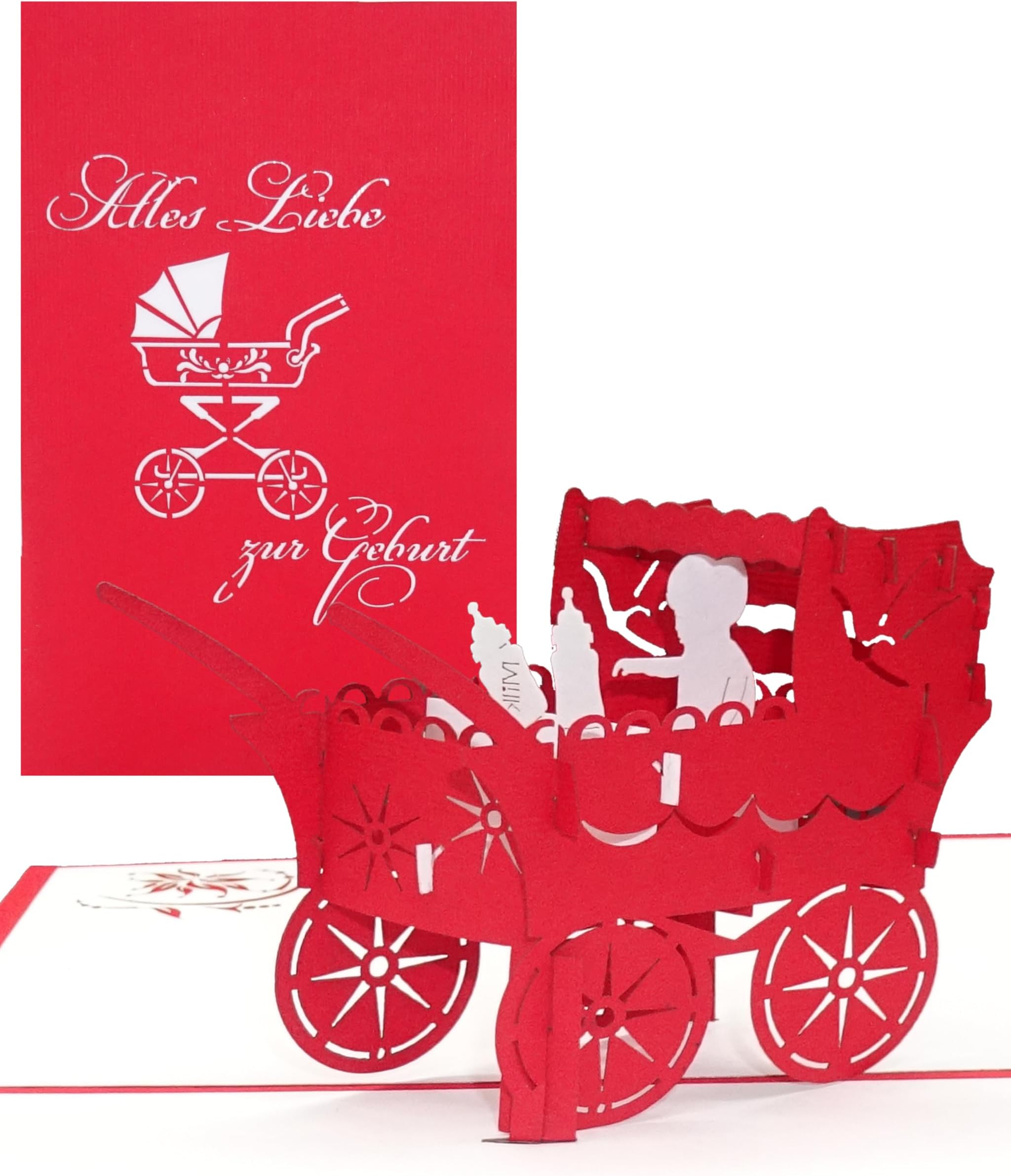 3D Card for the Birth "Girl - Prams" - Pop-Up Cards for Birth - Congratulations Card for 1st Birthday as Voucher, Small Gift, Gift Card & Gift Packaging