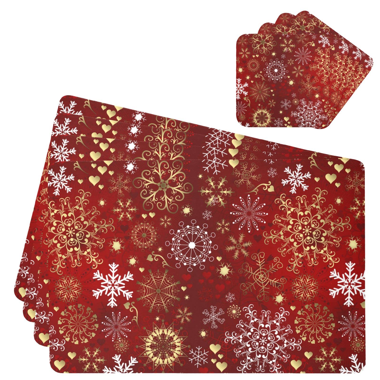 Christmas Placemats Set of 4 Leather Table Mats Christmas Gold White Snowflakes Placemats Wipeable Waterproof Easy to Clean for Dining Kitchen Table