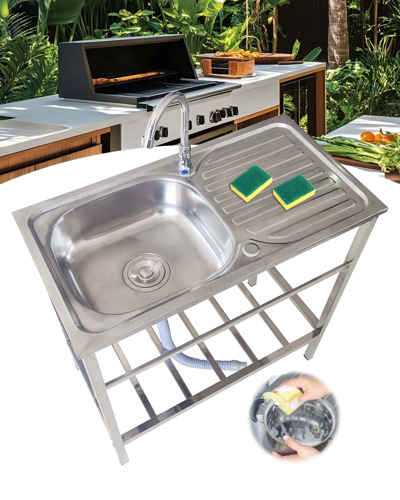 TAXXII Free Standing Stainless-Steel Single Bowl Kitchen Sink Outdoor Utility w/Faucet & Workbench Storage Shelves Commercial Restaurant Sinks for Bar/Laundry/Basement/Hotel/Garage 75x40x