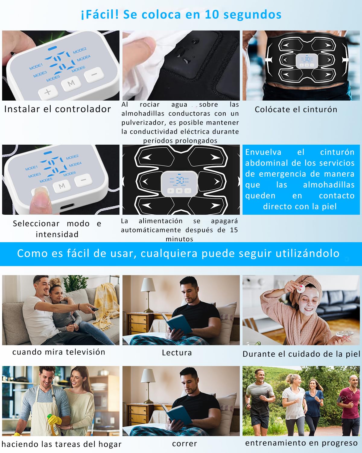 Electroestimulador Abdominal – Cinturón de entrenamiento abdominal lavable , 6 modos, 15 niveles , dispositivo de fitness portátil recargable , Adecuado para el hogar, la oficina, hombres y mujeres