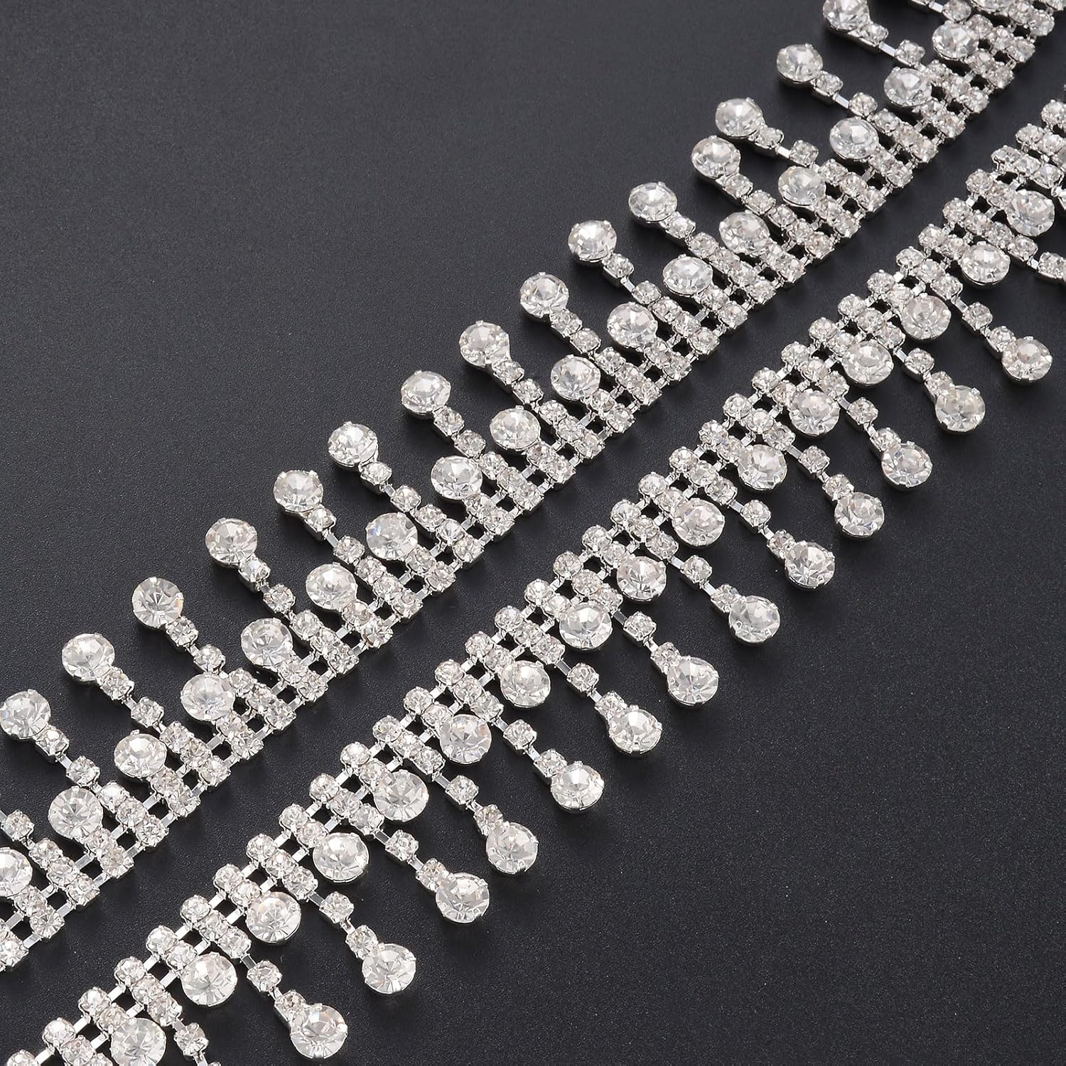 Jerler Rhinestone Tassel Fringe Trim Crystal Close Chain Applique for Sewing Crafts Ideal Wedding Party Clothing DIY Decoration, 2 Yards 0.87" W