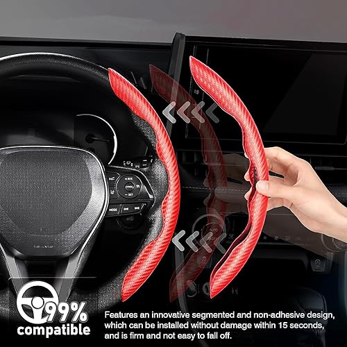 Miniatura 5 de Funda para volante, funda de fibra de carbono para volante de automóvil, cubierta roja para volante. Agarre antideslizante, cómodo, duradero y fácil