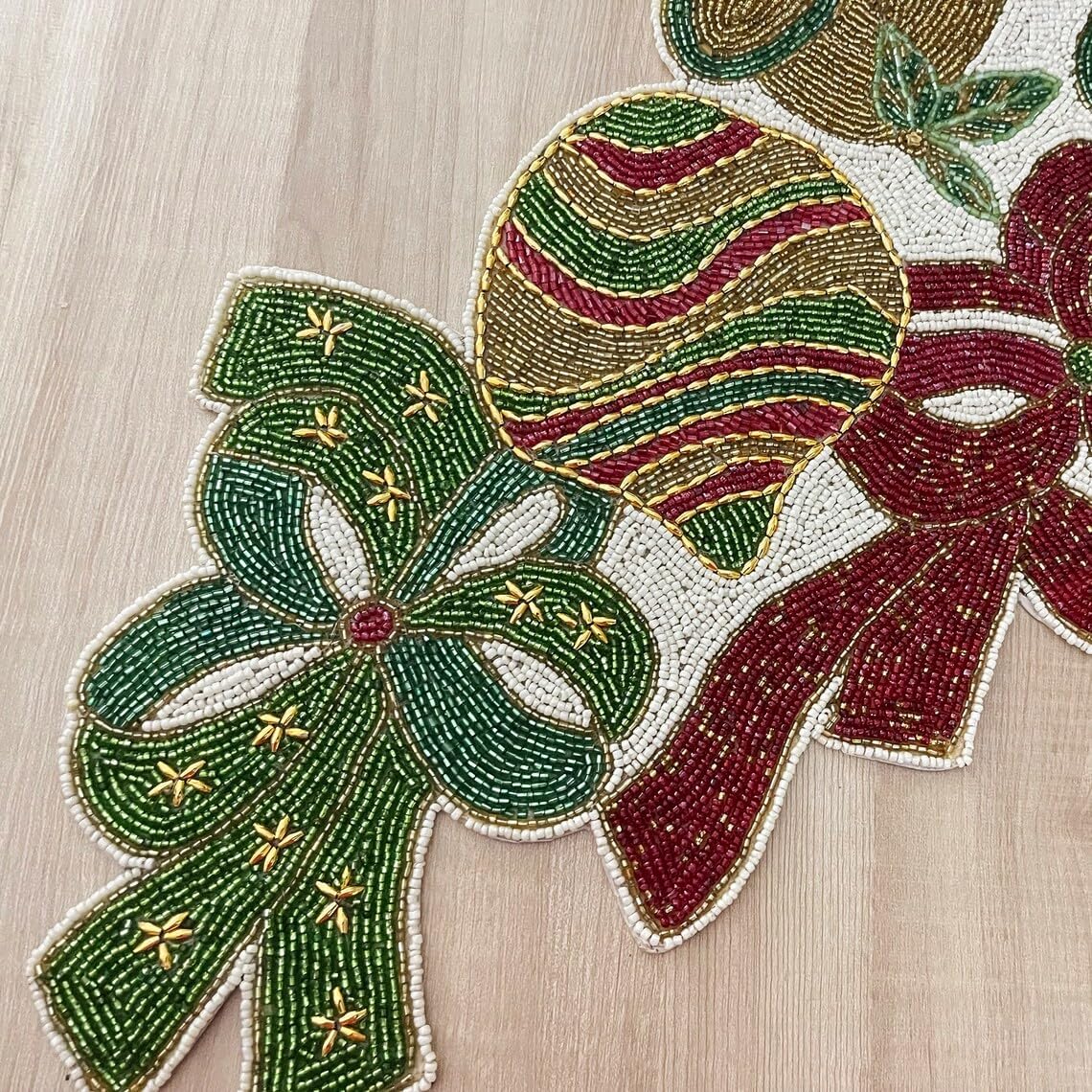 Enliven Handmade Christmas Table Runner - Beaded Multi-Color Design, 13x36 Inches, Festive Holiday Decor