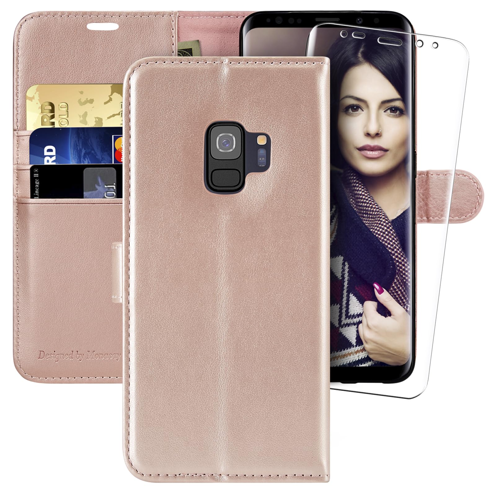 MONASAY Wallet Case Compatible for Galaxy S9, 5.8-inch, [Screen Protector Included][RFID Blocking] Flip Folio Leather Cell Phone Cover with Credit Card Holder, Rosegold