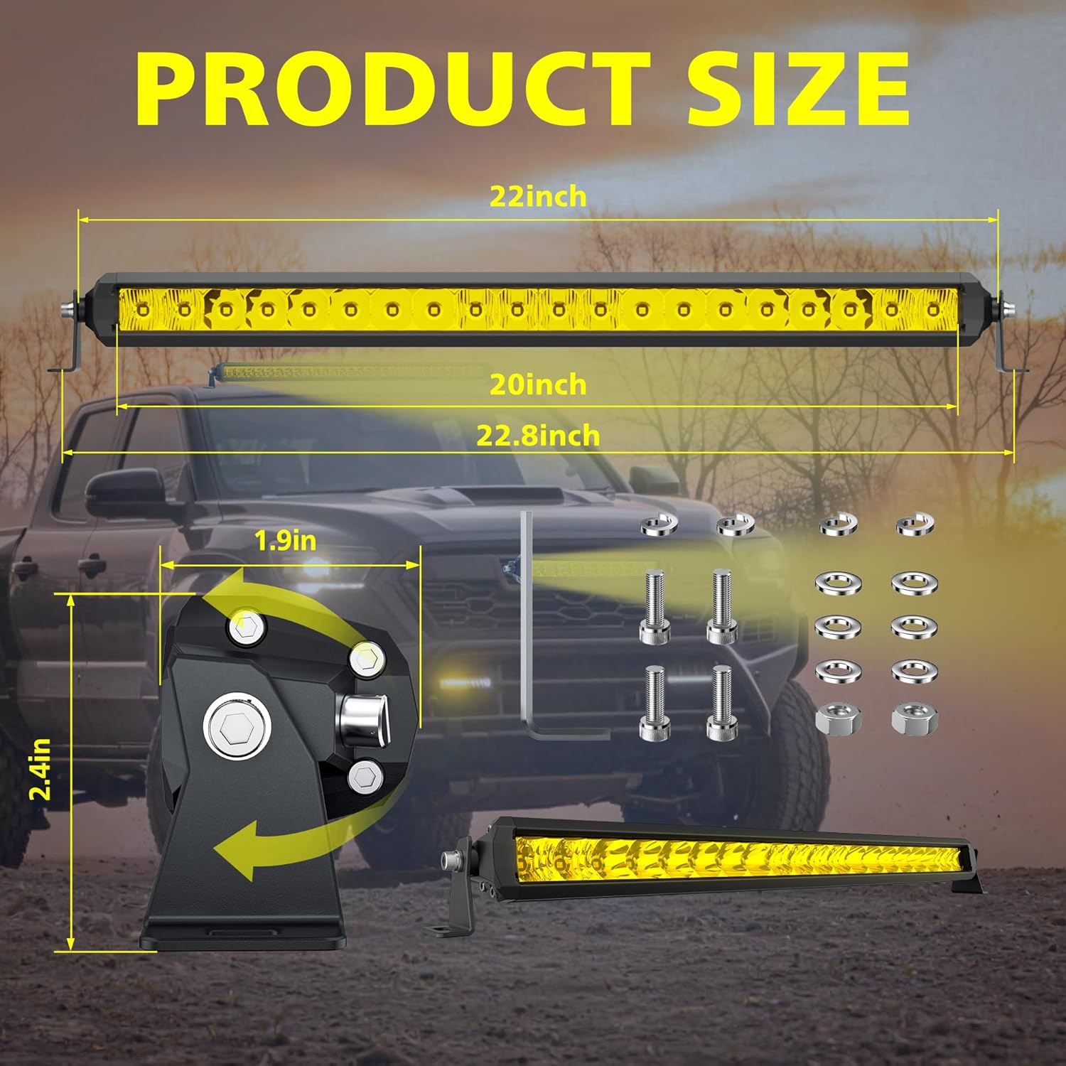 4WDKING Yellow LED Light Bar 22 inch Off Road LED Spot Flood Combo Work Light High Bright Truck Driving Fog Lamp IP69K Waterproof for Truck Cars ATV UTV Boat