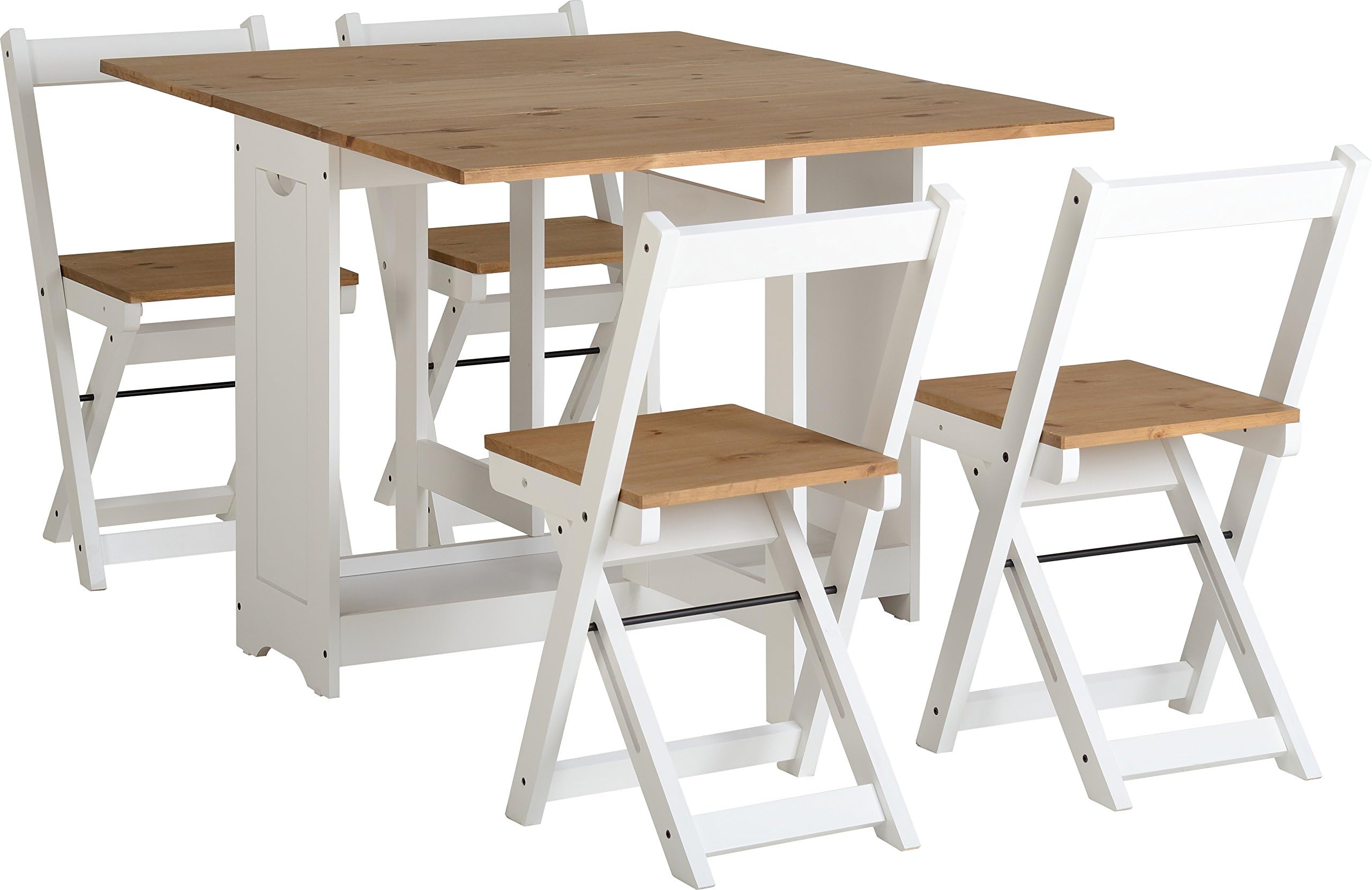 White & Pine Butterfly Drop Leaf Foldaway Dining Set with 4 Foldaway chairs.
