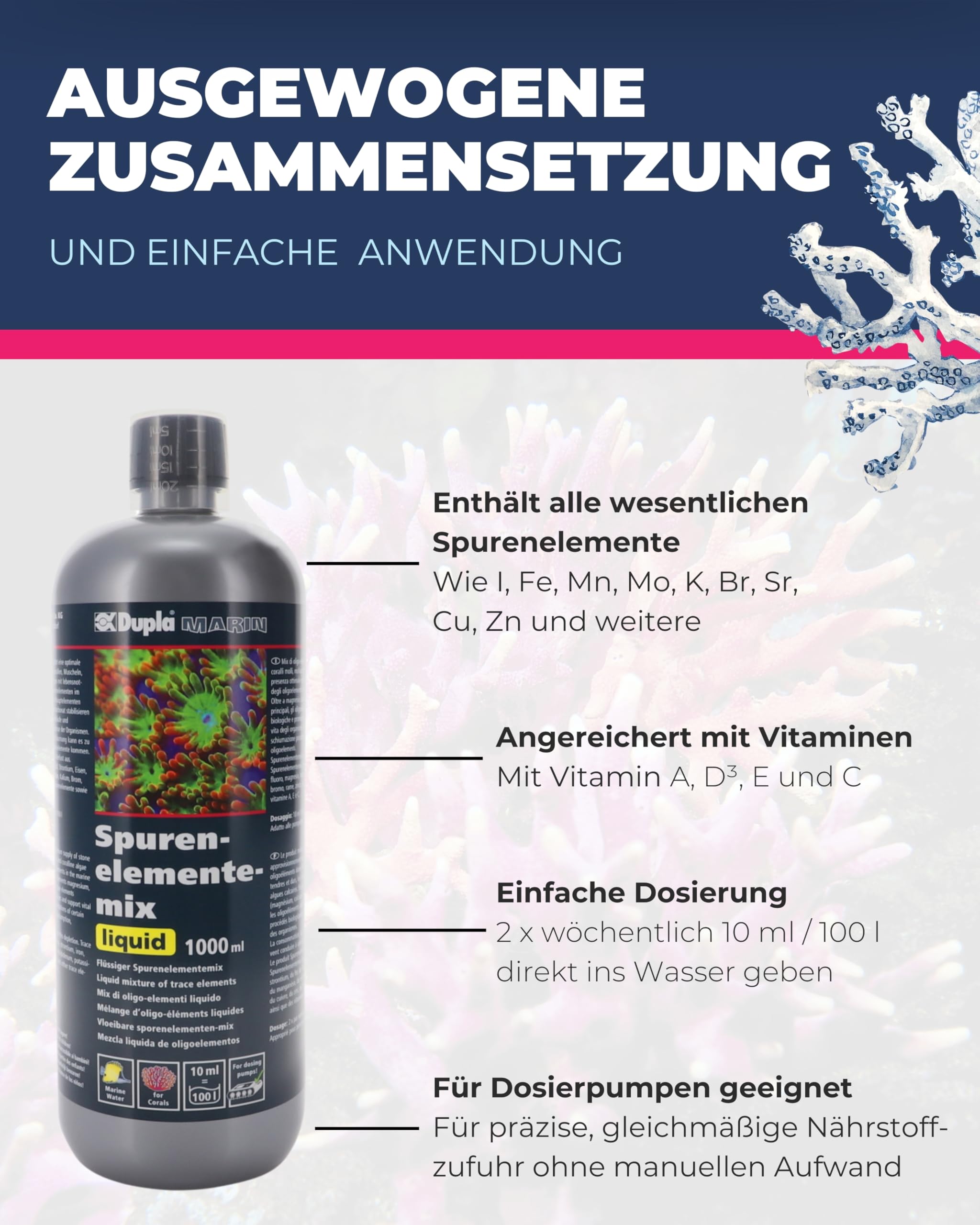 Dupla Marin Spurenelemente-Mix I 1000ml I flüssige Spurenelementmischung für Meerwasseraquarien I Liquid zur Nährstoffversorgung von Stein-und Weichkorallen, Muscheln, Kalkröhrenwürmern und Kalkalgen