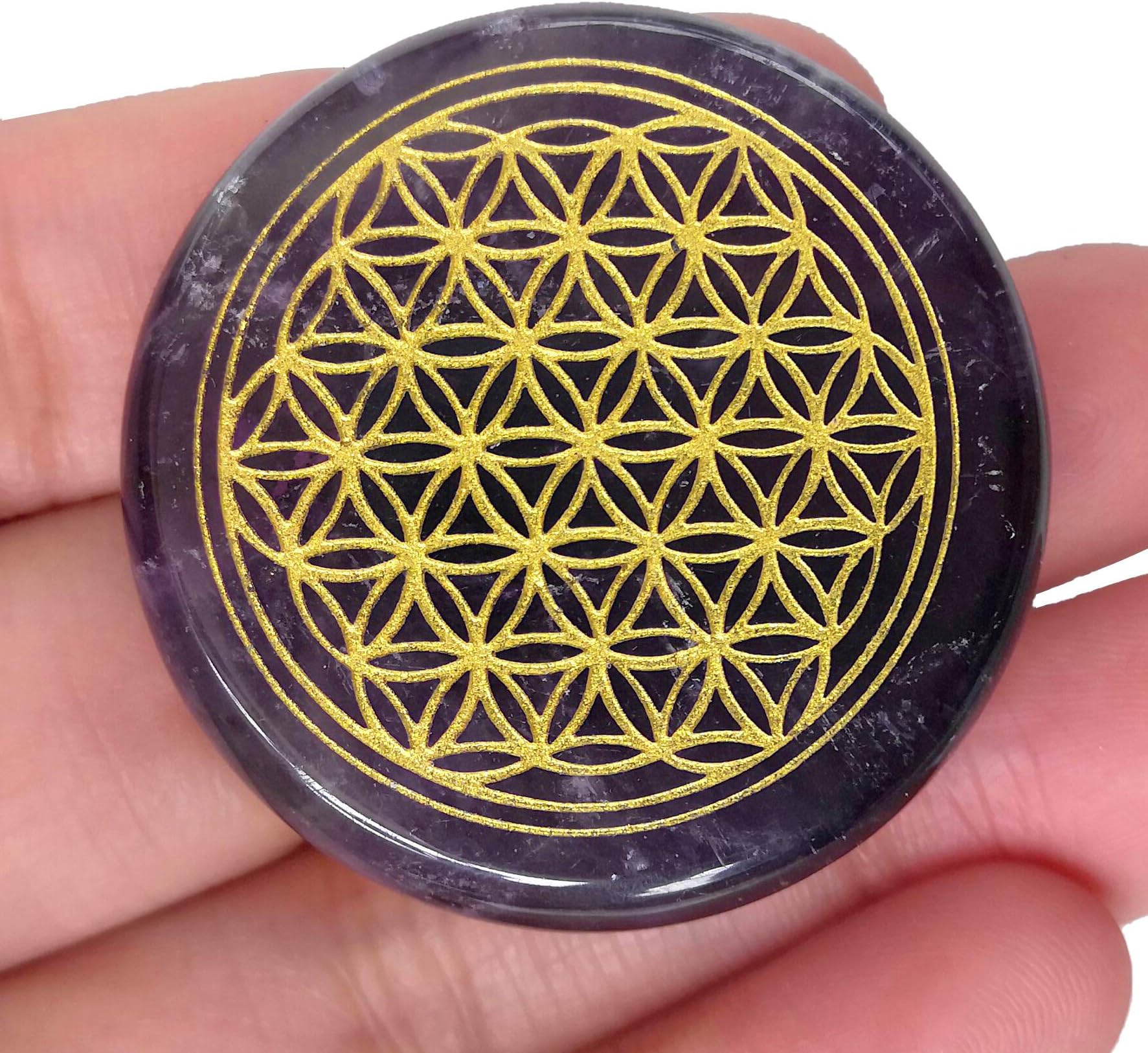 Natural Amethyst Flower of Life Engraved Healing Crystal Chakra Balancing and Positive Energy Generator Palm Pocket Stone