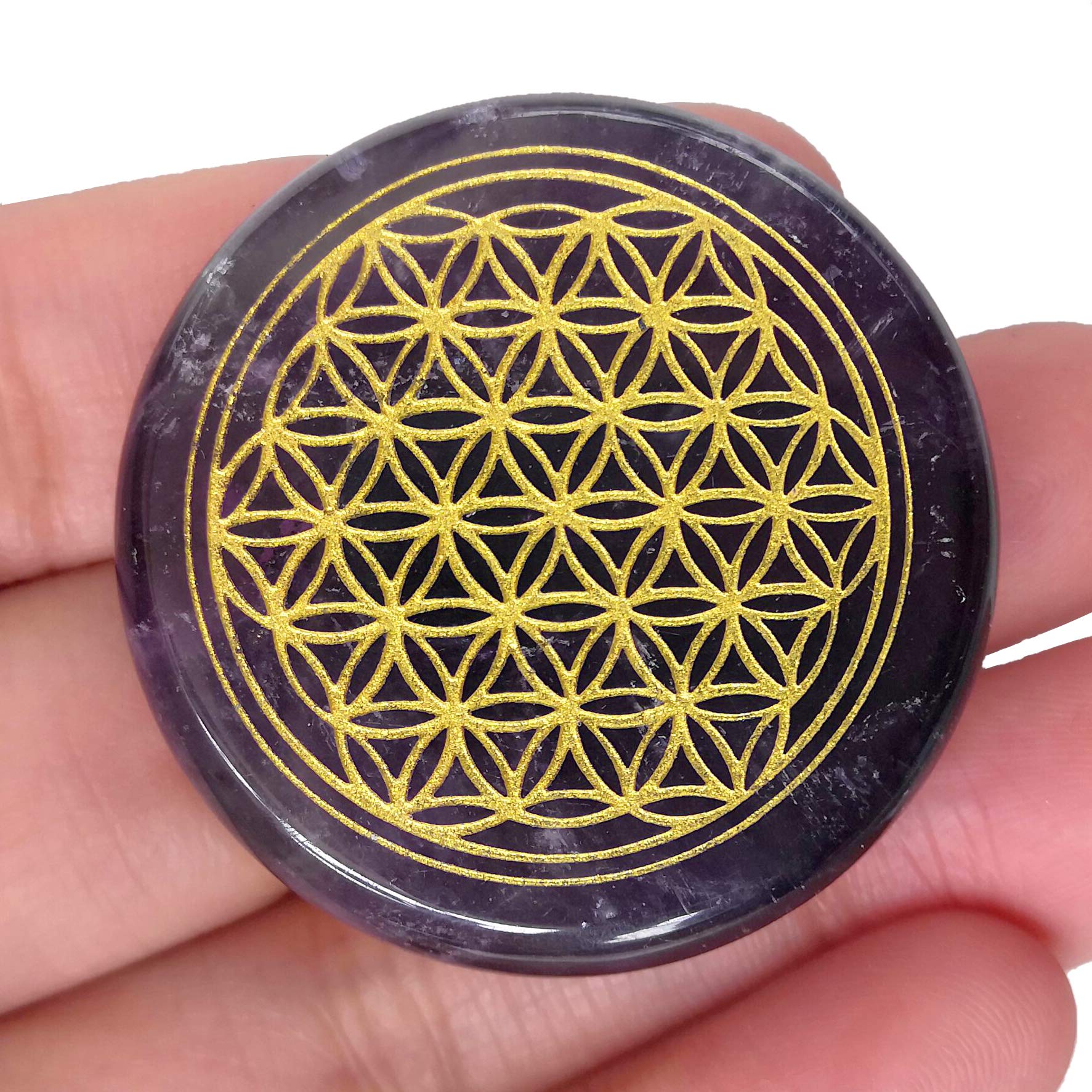 Natural Amethyst Flower of Life Engraved Healing Crystal Chakra Balancing and Positive Energy Generator Palm Pocket Stone