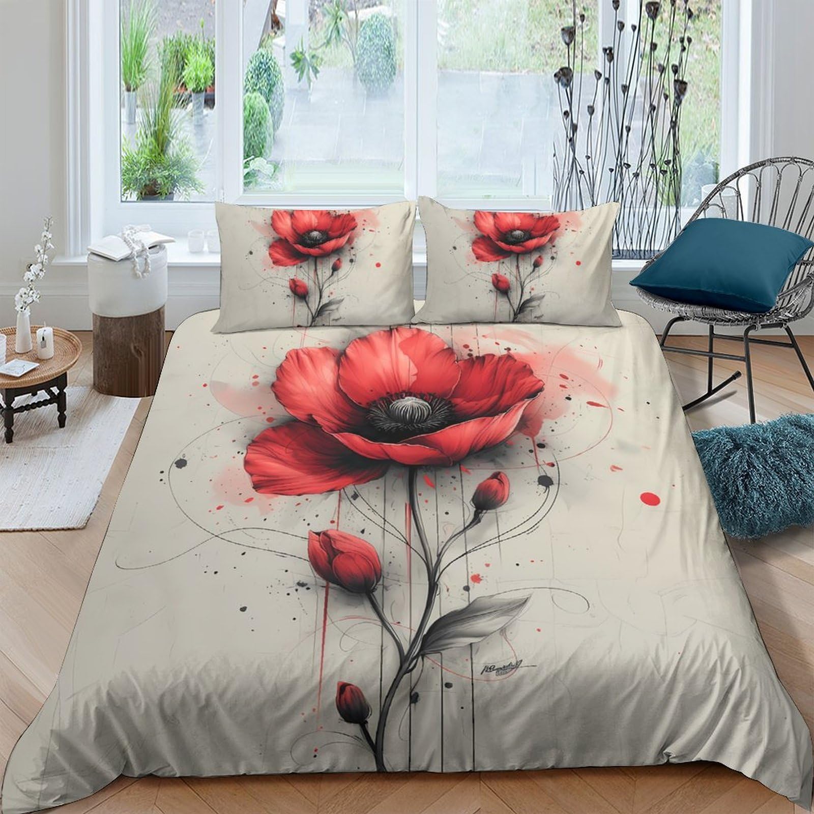 Ctjqhvkz Style-7 3D Printed Red Poppy Flower Fitted Sheet Microfiber Soft Breathable Artistic Abstract Bed Cover For Bedroom Decor Single（135X200cm）