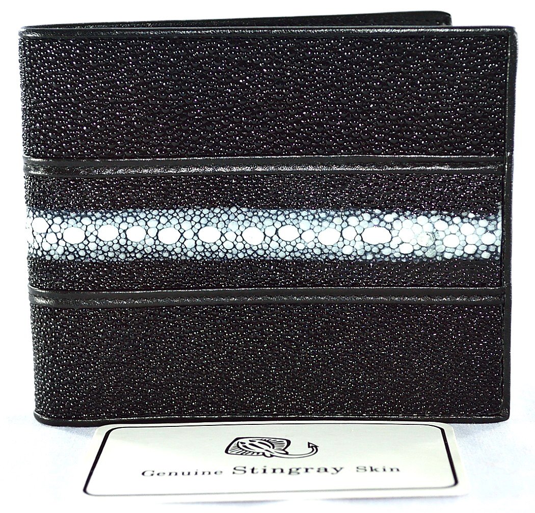 GENUINE STINGRAY LEATHER w/ROW BIFOLD MEN's WALLET CLASSIC BLACK NEW FREE SHIPPNG
