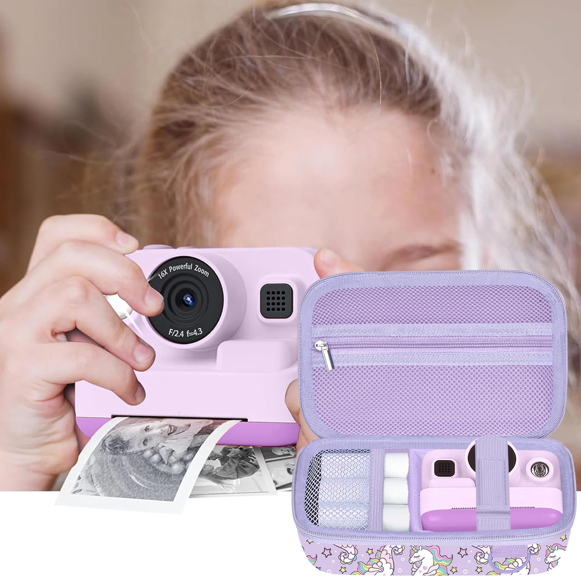 Leayjeen Borsa per fotocamera per bambini, compatibile con HiMont/Greenkid/Hiievpu/CalineGam/Gofunly/AMCLID/Uleway, con tracolla e maniglia (solo borsa), Cavalluccio marino viola, L, Cinghia per