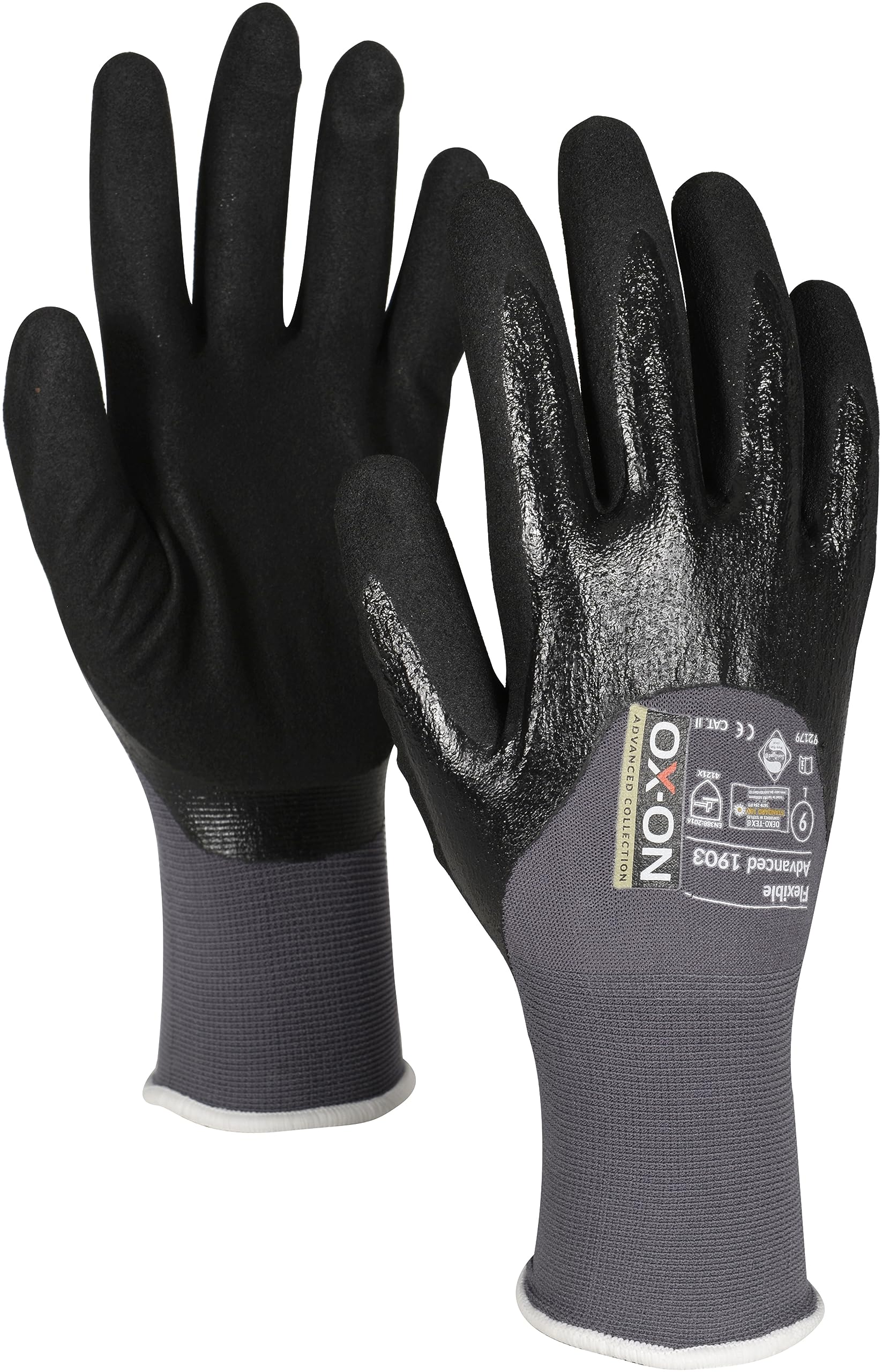 OX-ON FLEXIBLE ADVANCED 1903 Gants de travail Taille 9 I 12 paires de gants de protection imperméables et oléophobes avec double revêtement I Confortable et avec adhérence ferme I Certification EN I
