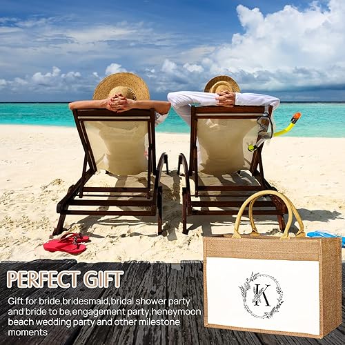 Miniatura 7 de JUSTOTRY Bolsa de mano con inicial, yute natural, grande, 13 onzas, personalizada, bolsa de lona con monograma, regalo para mujer
