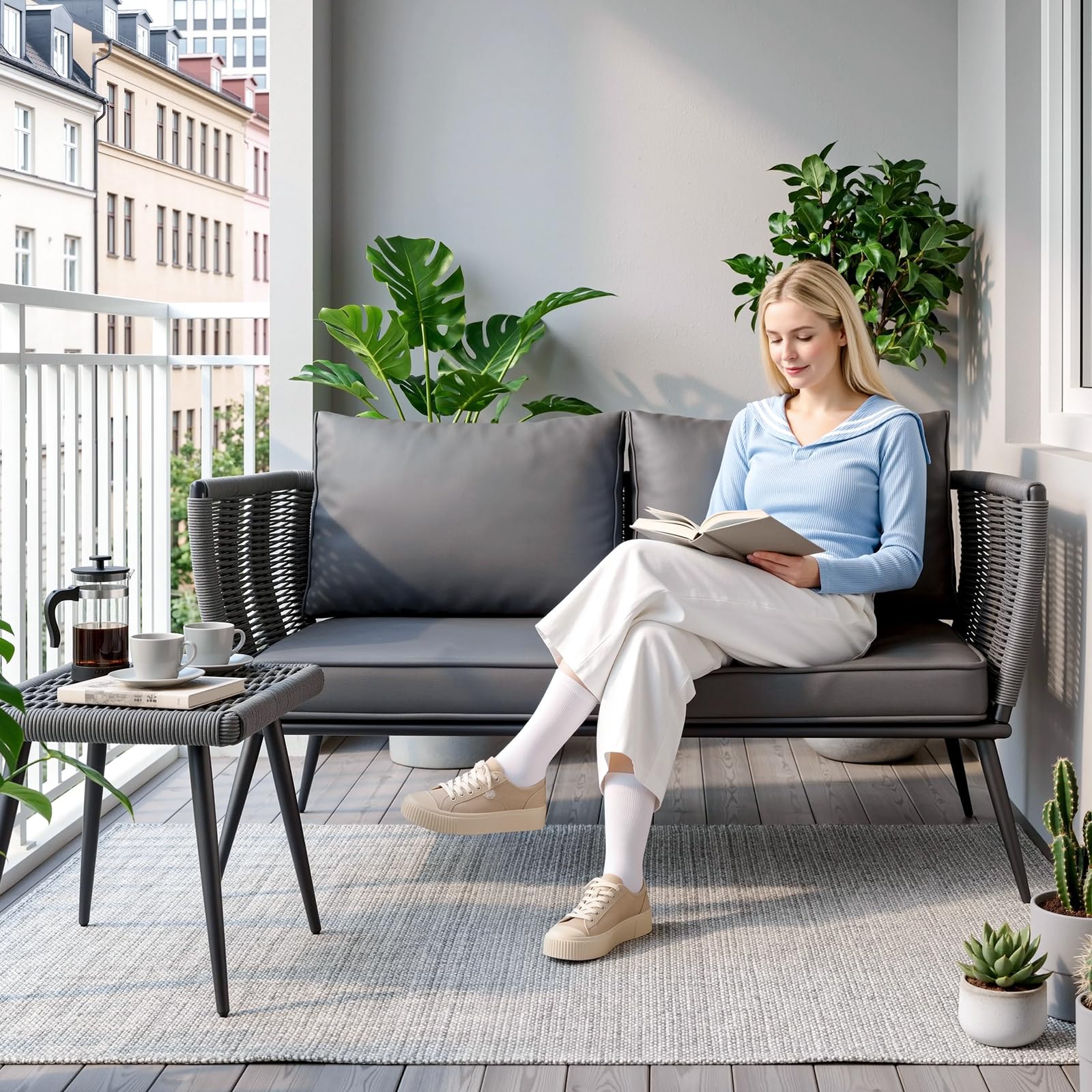 LIFERUN Sofá de ratán de 2 plazas, muebles de balcón, gris, sofá, pequeño balcón, jardín de invierno, terraza, muebles de exterior e interior, banco de jardín resistente a la intemperie, banco con