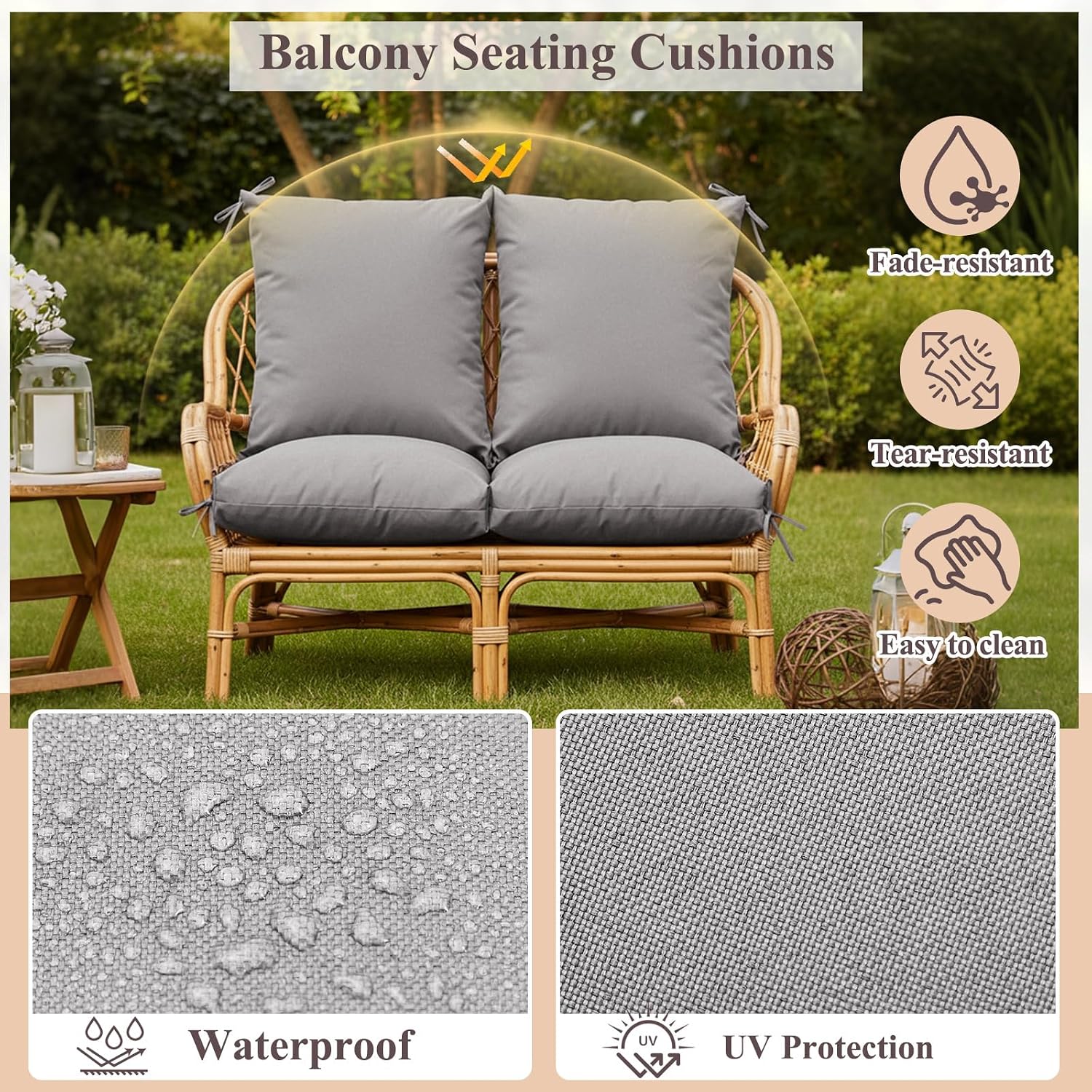 Geelin 4 Pack High Back Patio Chair Cushions for Outdoor, 44 x 21 x 5 Inch Tufted Seat and Back Pads with Ties, Thick Weather Resistant Cushions for Outdoor Furniture (Light Gray)