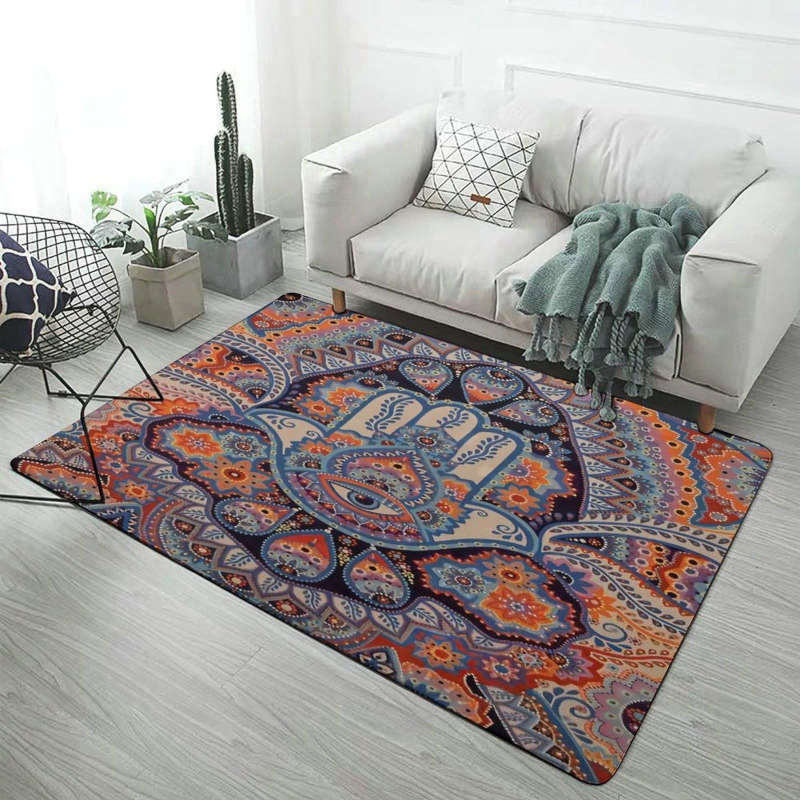 Yandier Indian Fatima Hamsa Hand Evil Eye Ultra Soft Non-Slip Area Rugs Indoor Throw Area Rug Short Flannel Carpet for Living Room Bedroom Dining Room