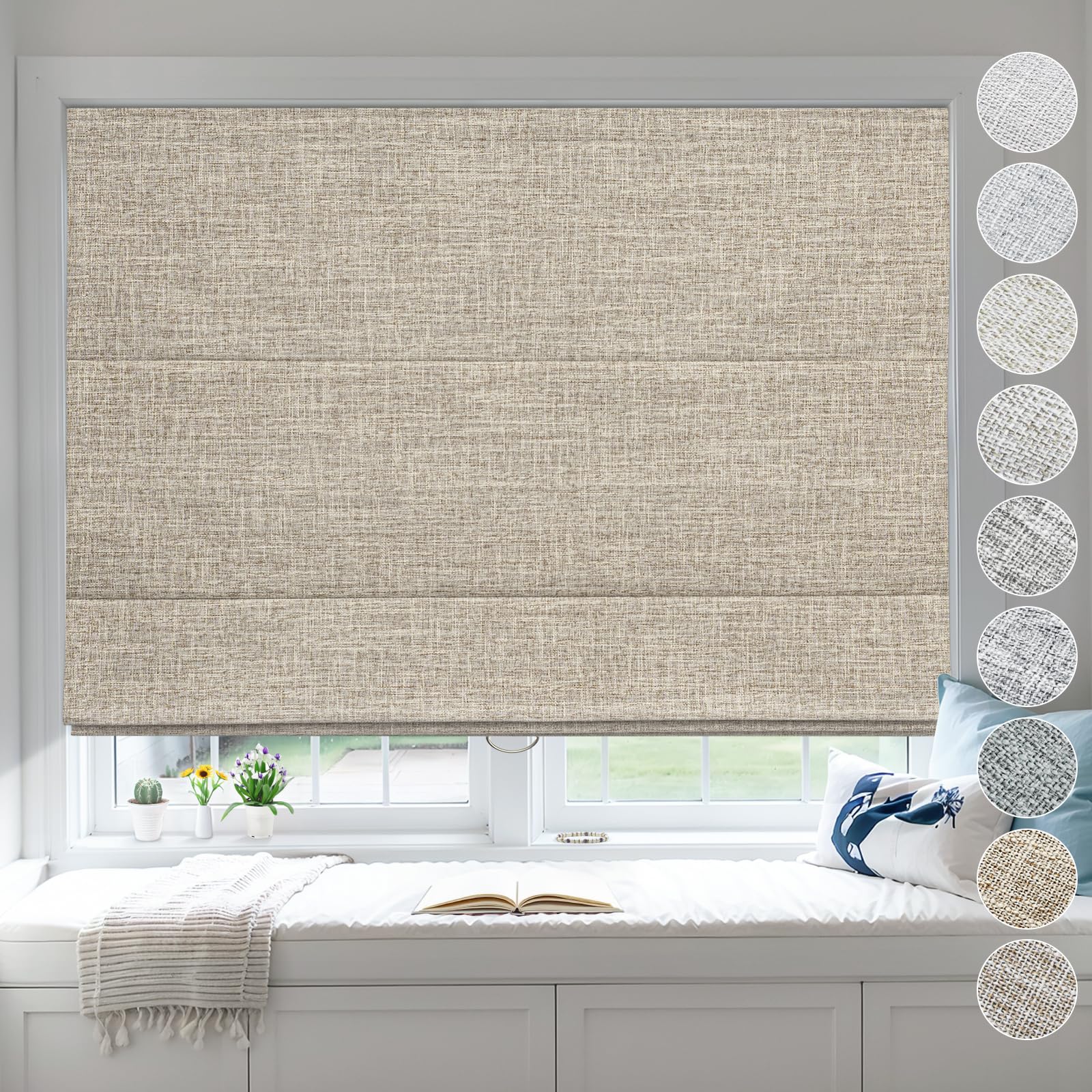 Moonice Cordless Roman Blinds Blackout Linen Roman Shades Waterproof Fabric Shades for Indoor Windows Thermal Insulated Window Blinds for Bedroom Home Office Brown, 115cm W x 150cm H