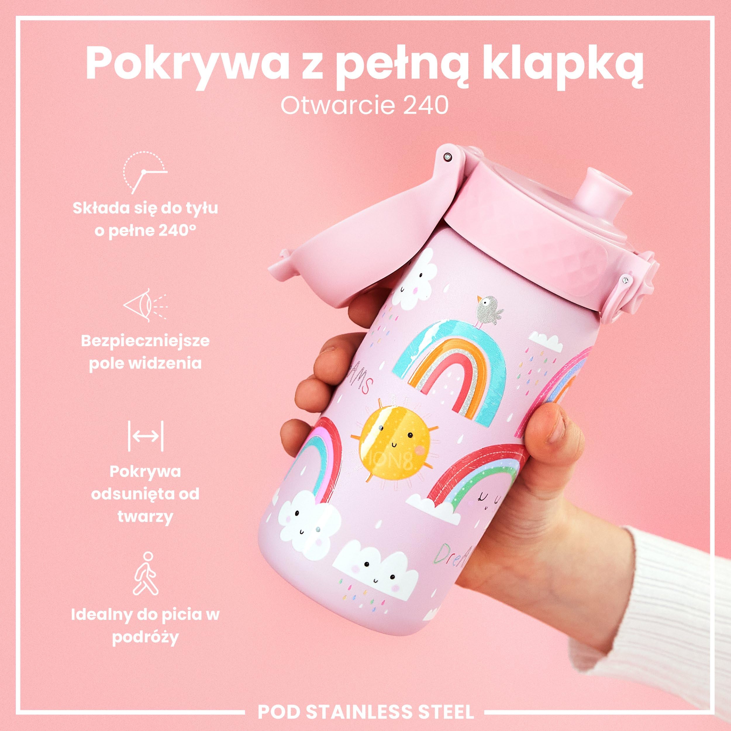 ION8 Butelka na Wodę dla Dzieci ze Lekki Stali, 400 ml/13 oz, Nieocieplany, Szczelna, Łatwa do Otwarcia, Bezpieczny Zamek, Można Myć w Zmywarce, Składany Uchwyt, Łatwa w Czyszczeniu, Tęcze