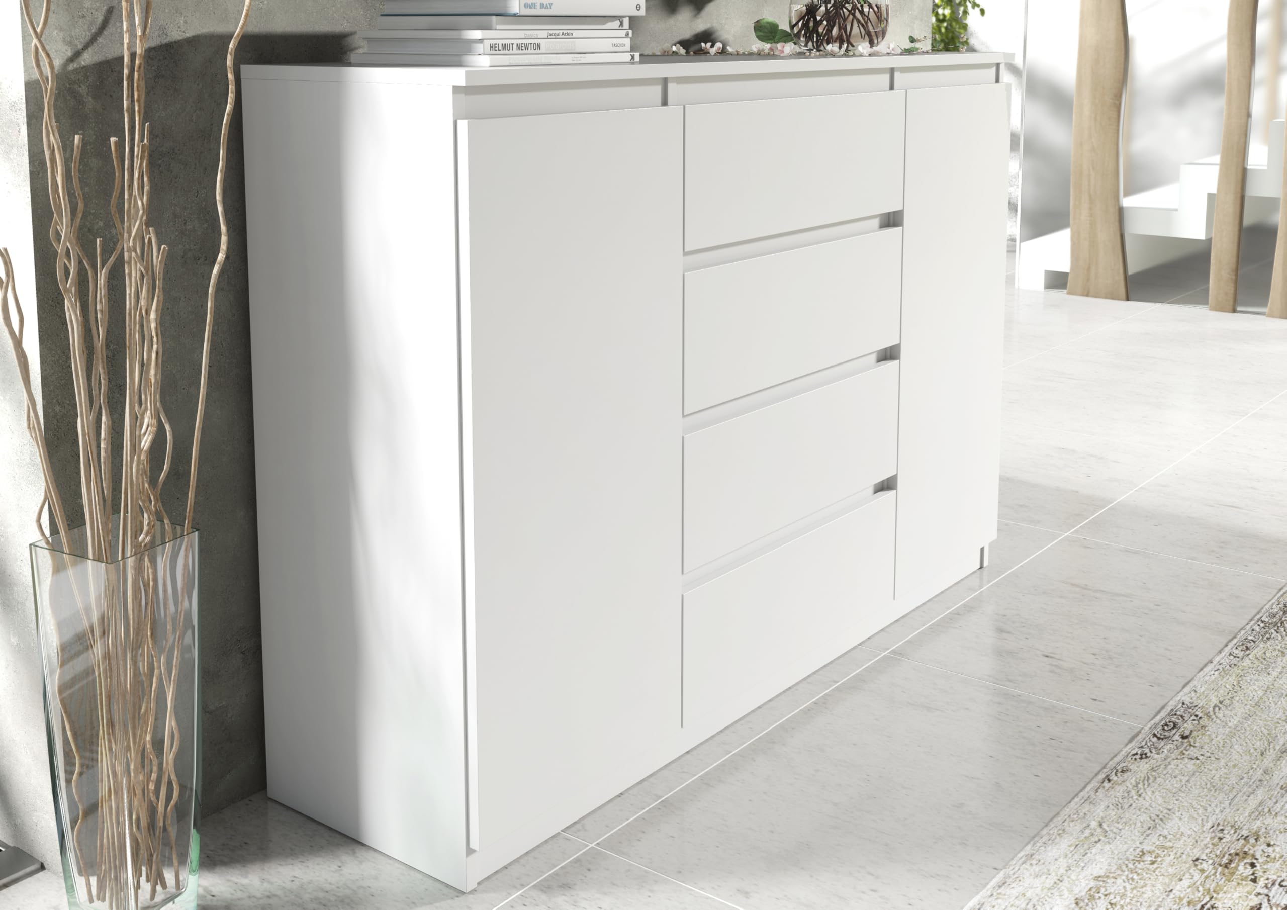 meble masztalerz Cassettiera con 4 cassetti e 2 ante - per la Camera da Letto e il Soggiorno - Mobili Salvaspazio 120 cm (Bianco Opaco)