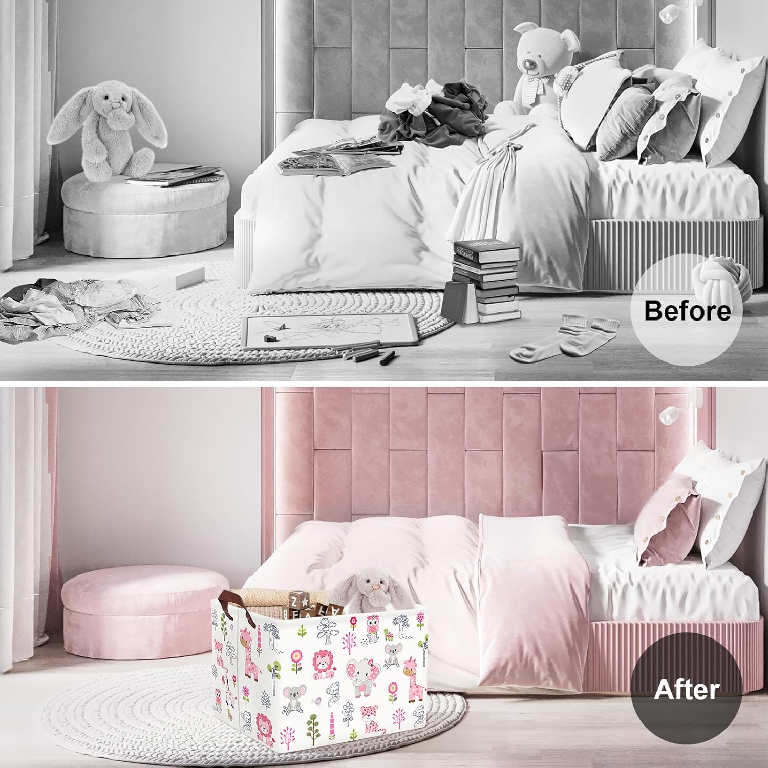 Clastyle Cute Forest Animal Laundry Basket Elephant Lion Kids Clothes Book Storage Basket Gift Toy Box for Bedroom Decor,Pink,40x30x30 cm
