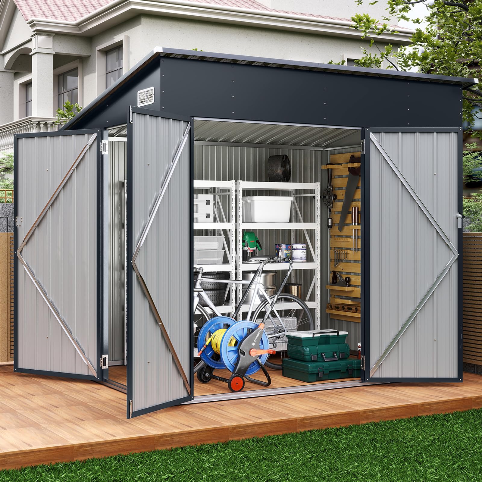 COSTWAY Capanno da Giardino 235 x 174 cm, Casetta Porta Attrezzi da Esterno in Acciaio Zincato con 3 Porte Bloccabile, Tetto Inclinato e Prese d'Aria, Ideale per Cortile e Patio