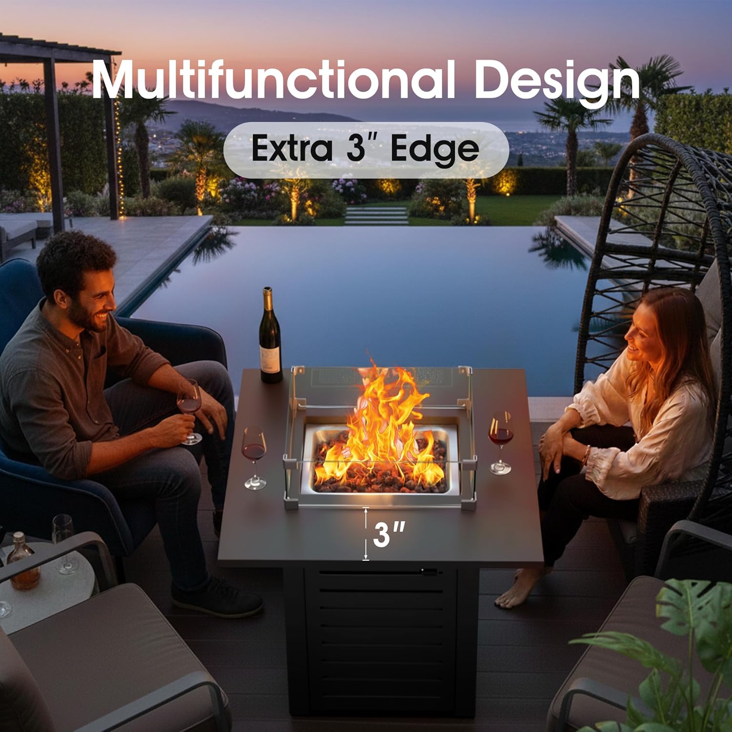 28 Inch Outdoor Propane Gas Fire Pit,50,000 BTU Gas Fire Pit Table with Steel Lid,304 Stainless Steel H-Burner,Lava Rocks and Wind Guard,Fire Pits for Outside Patio Deck Garden,Black