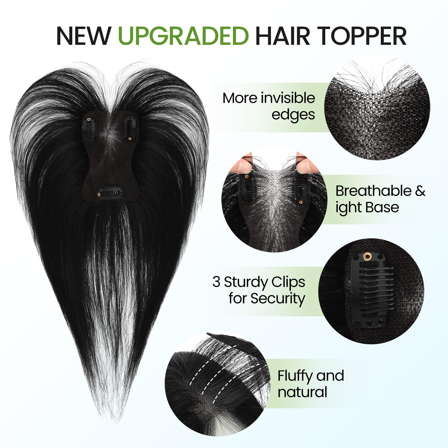 Hair Toppers for Women Real Human Hair with Baby Hair Bangs 11 Inch 15 g Natural Black Breathable Lace Base 2.76"x4.33" Lightweight Hairpieces for Cover Thinning Grey Hair (#1B)