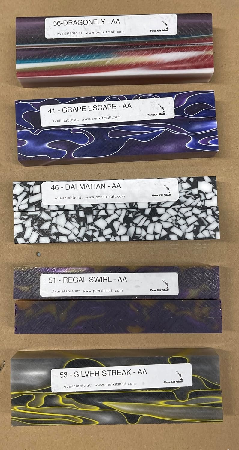 Pen Kit Mall AA Blanks - 10 ASSORTED ACRYLIC PEN BLANKS FOR PEN TURNING - Assorted colors & Designs - .75 X .75 X 5 Labeled For Ease of Reorder