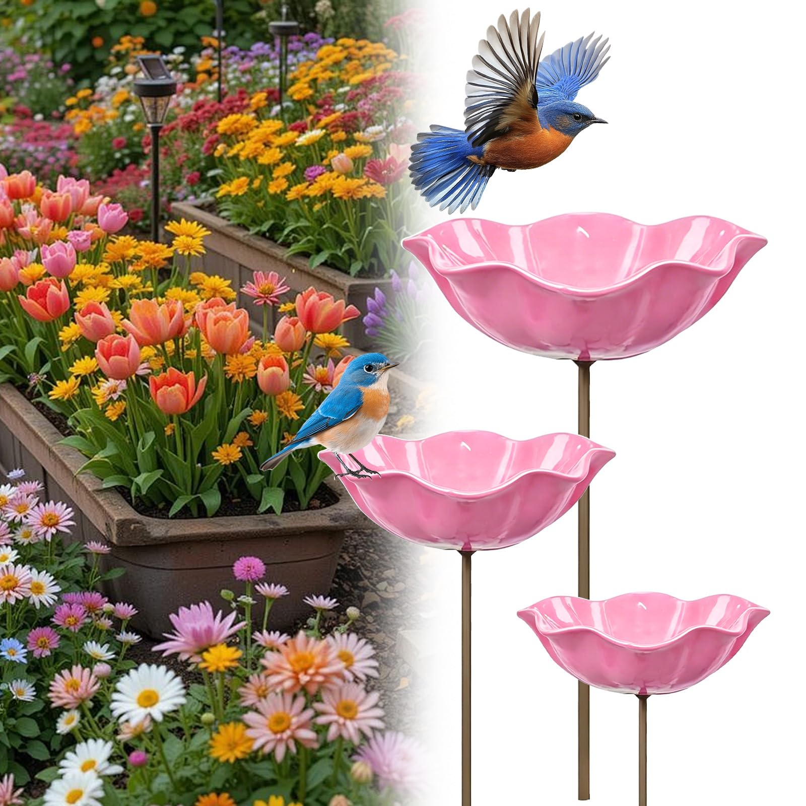 Metal Bird Bath & Bird Feeder Set for Garden,Hummingbird Feeder & Wild Birds Feeding Station,Bee Watering Stake Station,Butterfly Bee Bath Bowl for Outdoor Yard Decor (Pink 3PCS) โ image 1