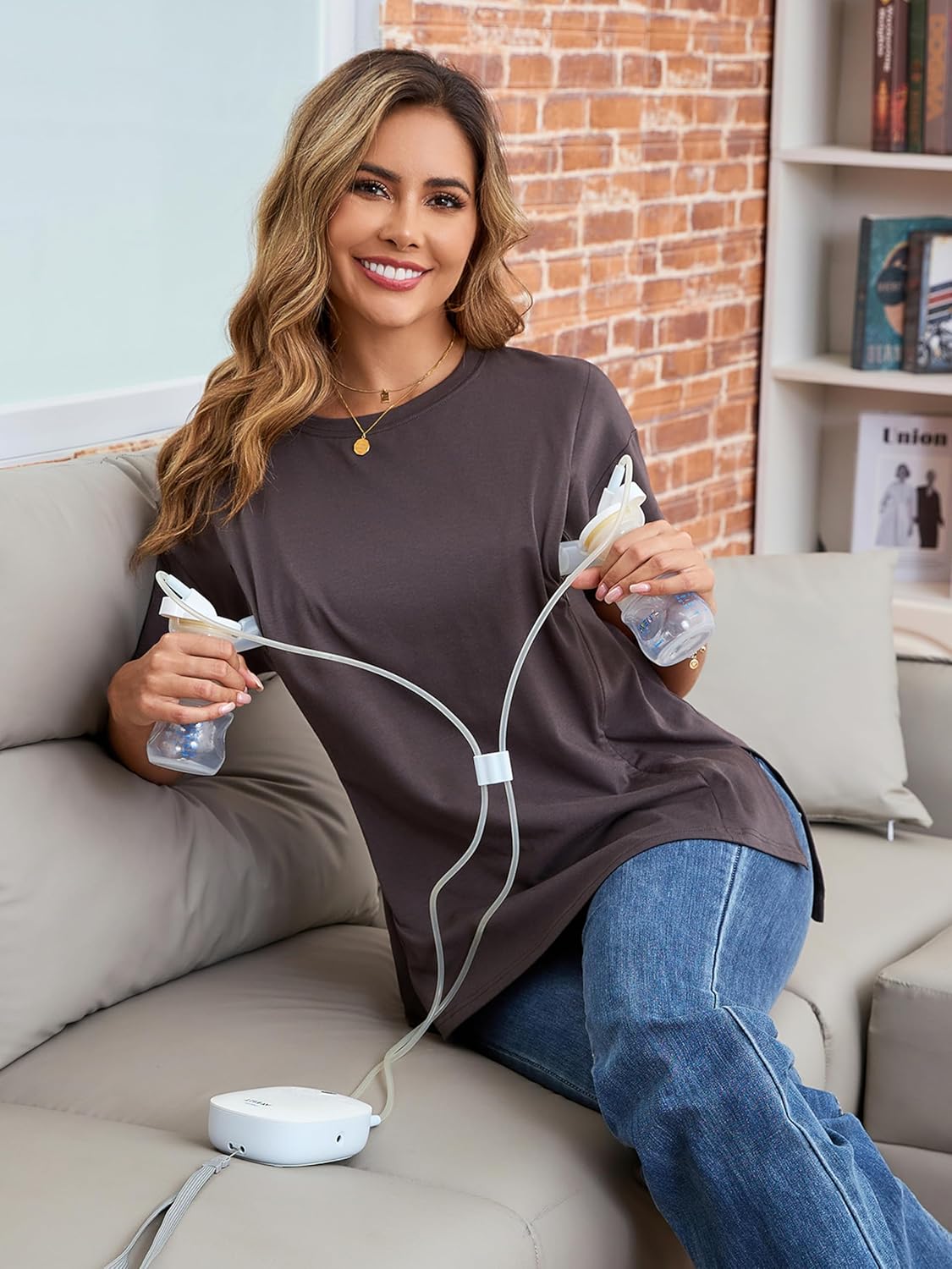 Ecavus Women's Oversized Nursing Shirts for Breastfeeding with Hidden Zipper Short Sleeves Side Splits Maternity Tops - Image 7