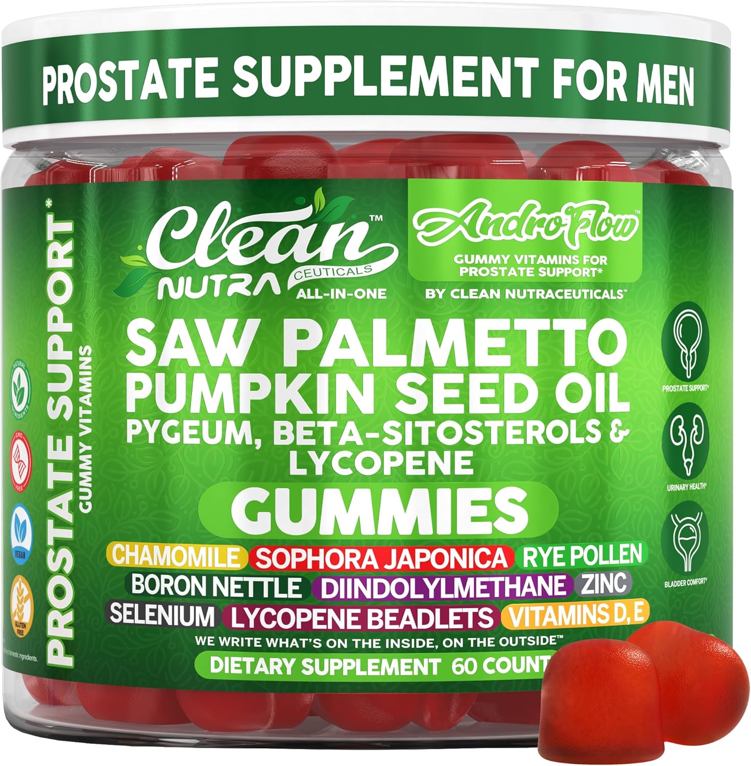 AndroFlow Saw Palmetto and Pumpkin Seed Oil Prostate Health Supplements for Men Pygeum Beta Sitosterol Lycopene Boron Zinc Selenium DIM Stinging Nettle Vitamin D, 60 Gummy Supplements By Clean Nutra