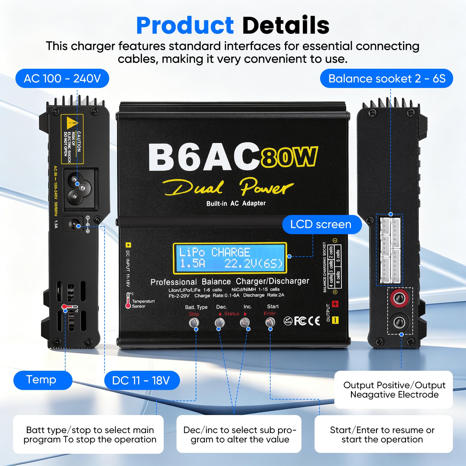 LiPo Ladegerät 80W 6A Dual Power Akku Ladegerät mit Balancer für LiPo Li-Ion Life (1-6S) NiMH NiCd (1-15S) PB, B6AC RC Batterie Ladestation mit LCD Display & Multi-Kabel für RC Auto Drohne, Schwarz