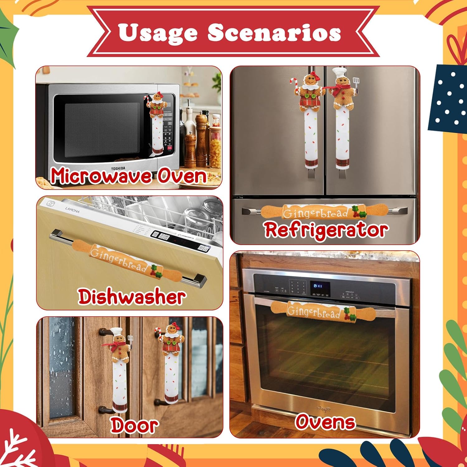 OurWarm Christmas Refrigerator Handle Covers Set of 3, Gingerbread Kitchen Decor Refrigerator Door Handle Cover, Christmas Fridge Handle Covers Gingerbread Decorations Indoor for Home Decor