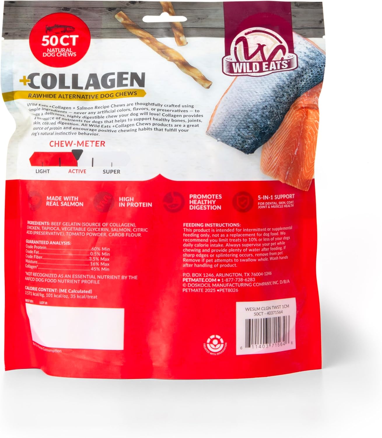 Wild Eats Salmon Flavor Collagen Twist Style Long Lasting Dog Chews (50 Pack, 1 cm Wide) No Hide, Dog Treat Bully Stick Alternative, Rawhide Free, Grain Free, High Protein