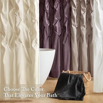 Madison Park Laurel Semi-Sheer Black Shower Curtain Lightweight Faux Silk Fabric, 72x72 in, Light Filtering, Modern Style Bathroom Curtain Textured Tufting Detail Modern Mid-Century Bathroom Decor