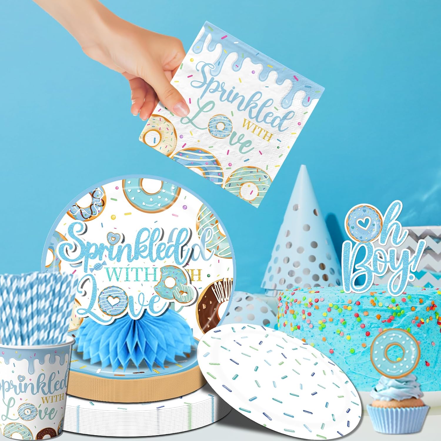 Baby Sprinkle Decorations for Boy,Blue Sprinkled with Love Party Plate,Napkin,Cup,Cake Topper Donut Baby Shower Decorations for Baby Boy Sprinkle Party Supplies Serves 24
