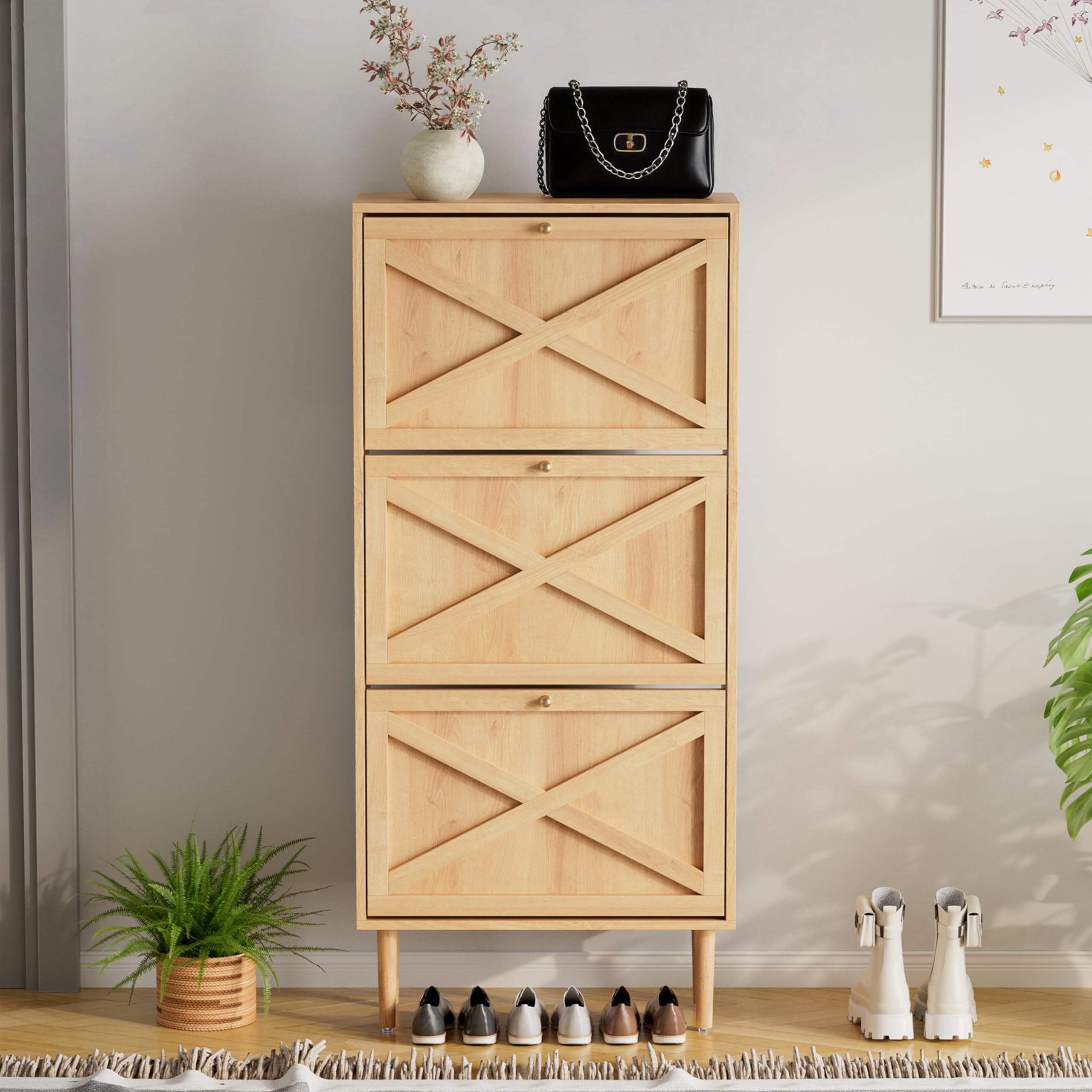VDNEND Shoe Cabinet with 3 Flip Drawers，Freestanding Hidden Shoe Organizer with with Adjustable Shelf, Narrow Shoe Rack Cabinet for Entryway, Foyer,