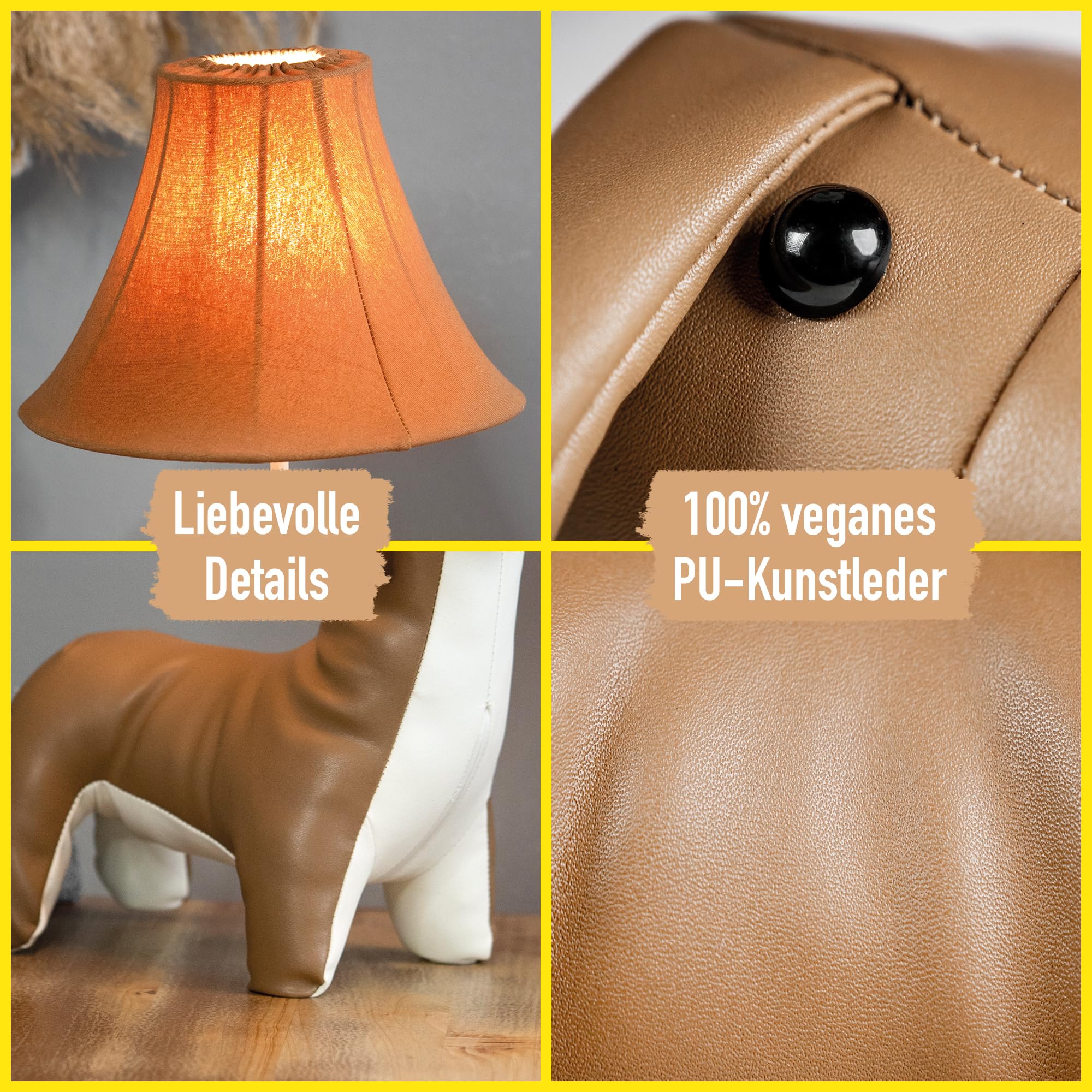 Happy Lamps for smiling eyes Waldi Dackellampe, LED-Tischleuchte, 48 cm hoch, Dekoleuchte, veganes Leder, Handarbeit, hochwertige Tischlampe, top Qualität, Braun und Weiß