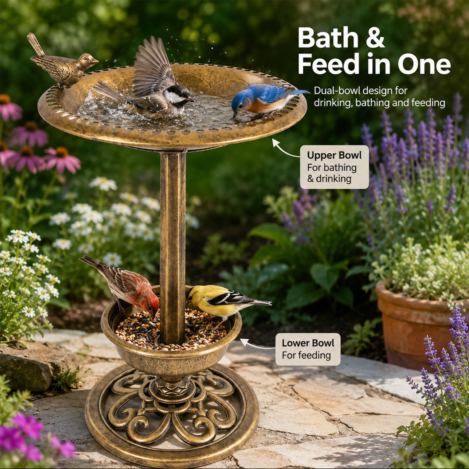 Wassertränke für Vögel, Antike Messing-Optik, Vogeltränke Garten mit Ständer, Vogelbad Stehend, Outdoor, für Terrasse, Hof und Rasen