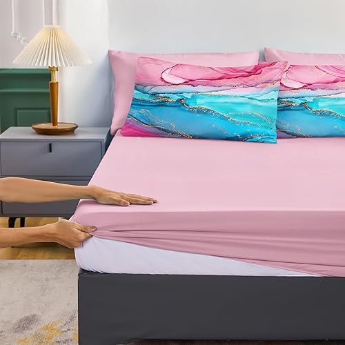 Miniatura 6 de Bedorm Juego de edredón tamaño Queen en una bolsa, color rosa y azul, con 1 edredón de mármol dorado, 1 sábana encimera, 1 sábana bajera de bolsillo