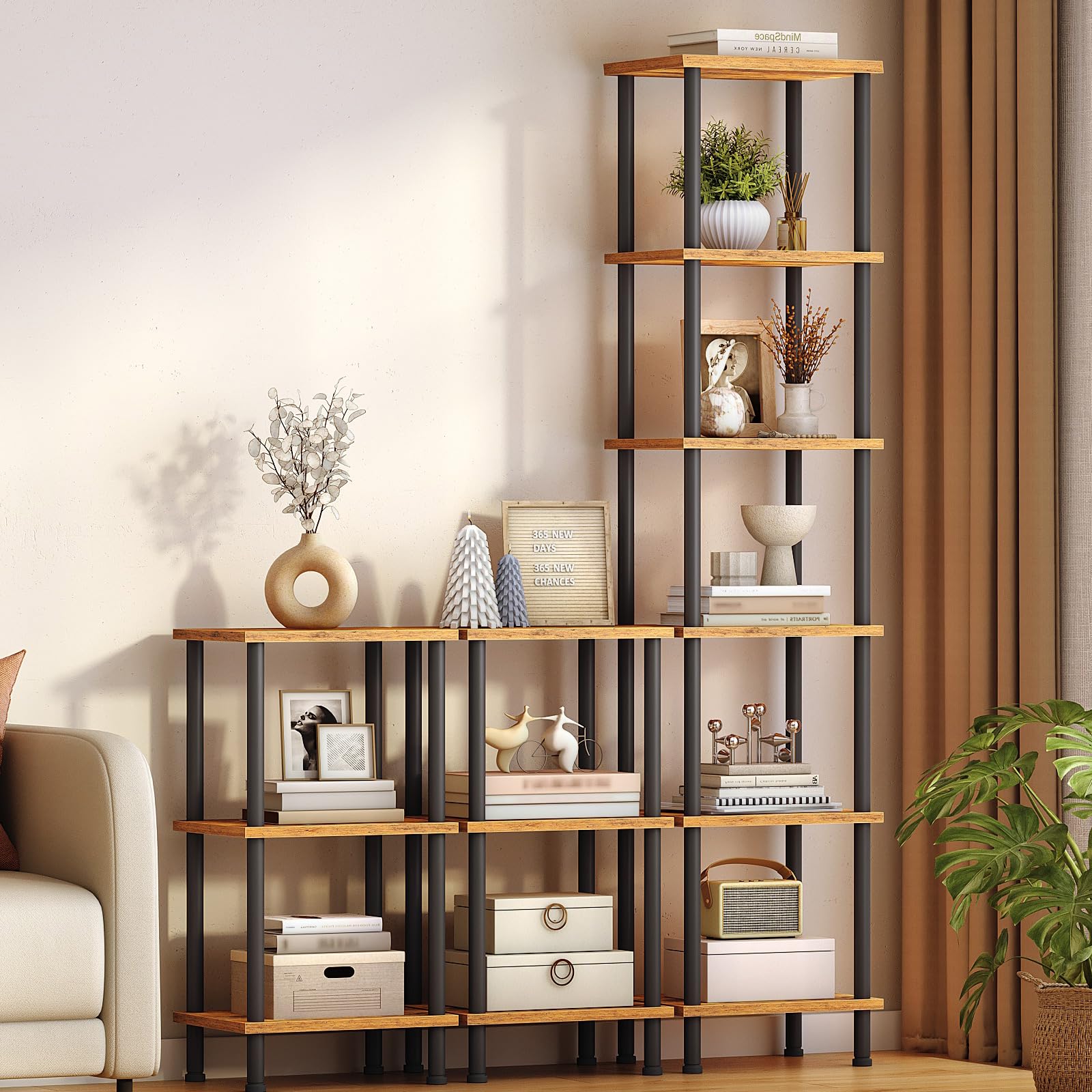 HOOBRO Librería de Estilo Industrial de 6 Niveles, Estantería de Almacenamiento Vintage de Gran Capacidad, Almacenaje y Exhibición, para Salón, Estudio, Oficina, Marrón Rústico y Negro EBF165SJ01
